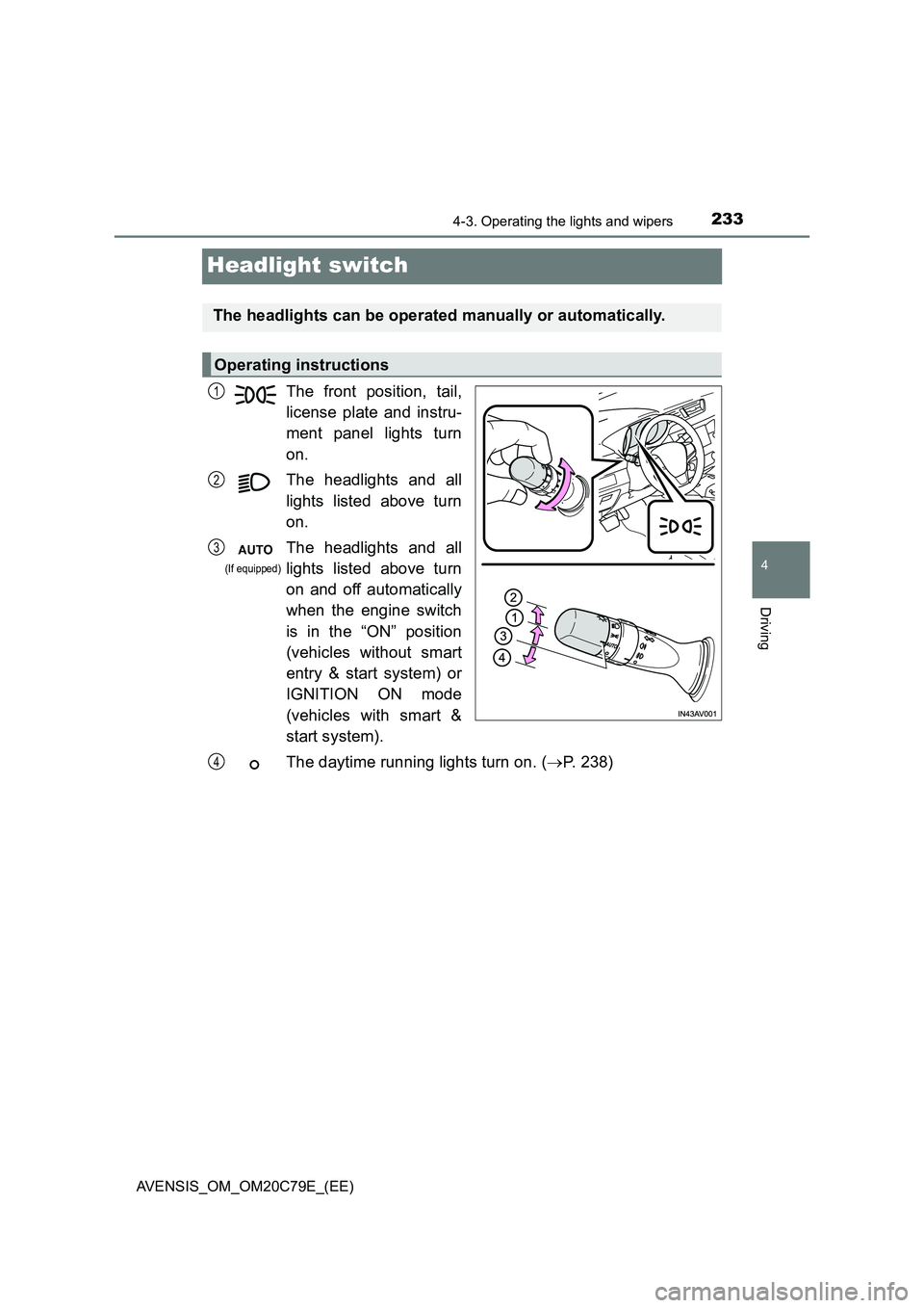TOYOTA AVENSIS 2018 Owners Manual 233
4
4-3. Operating the lights and wipers
Driving
AVENSIS_OM_OM20C79E_(EE)
Headlight switch
The front position, tail,
license plate and instru-
ment panel lights turn
on.
The headlights and all
TOYOTA AVENSIS 2018 Owners Manual 233
4
4-3. Operating the lights and wipers
Driving
AVENSIS_OM_OM20C79E_(EE)
Headlight switch
The front position, tail,
license plate and instru-
ment panel lights turn
on.
The headlights and all