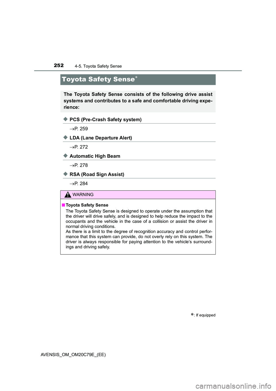 TOYOTA AVENSIS 2018  Owners Manual 2524-5. Toyota Safety Sense
AVENSIS_OM_OM20C79E_(EE)
Toyota Safety Sense
◆PCS (Pre-Crash Safety system) 
 P.  2 5 9
◆LDA (Lane Departure Alert) 
 P.  2 7 2
◆Automatic High Beam 
 P. 