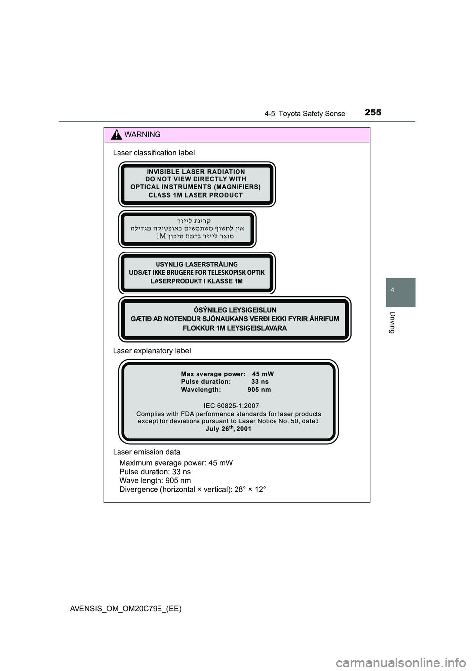 TOYOTA AVENSIS 2018  Owners Manual 2554-5. Toyota Safety Sense
4
Driving
AVENSIS_OM_OM20C79E_(EE)
WARNING
Laser classification label 
Laser explanatory label 
Laser emission data
Maximum average power: 45 mW 
Pulse duration: 33 ns 
Wav