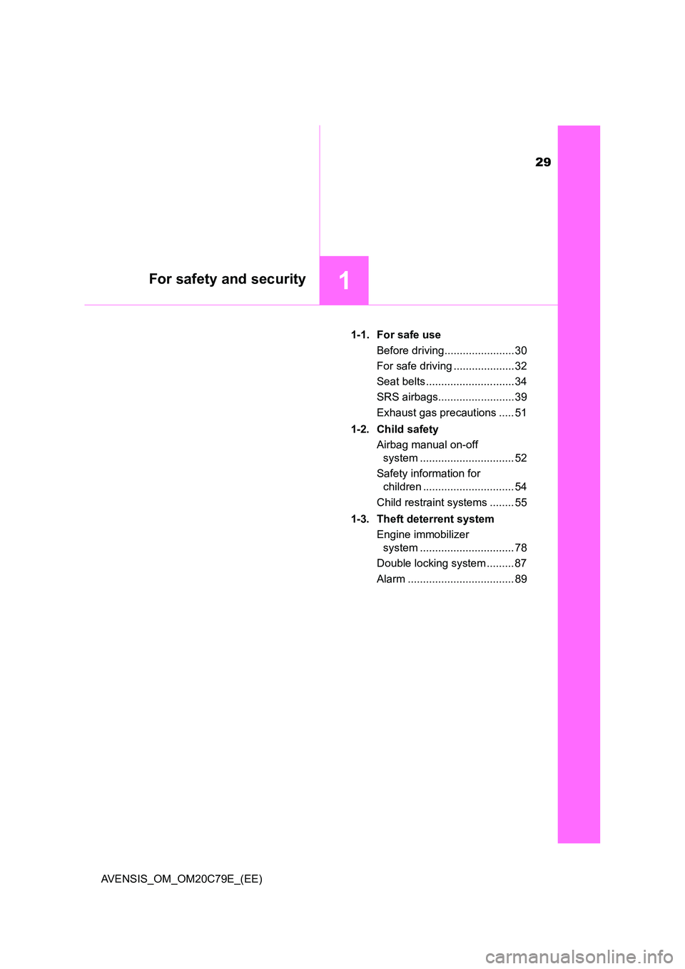 TOYOTA AVENSIS 2018 Owners Manual 29
1For safety and security
AVENSIS_OM_OM20C79E_(EE)
1-1. For safe use
Before driving....................... 30
For safe driving .................... 32
Seat belts ............................. 34 TOYOTA AVENSIS 2018 Owners Manual 29
1For safety and security
AVENSIS_OM_OM20C79E_(EE)
1-1. For safe use
Before driving....................... 30
For safe driving .................... 32
Seat belts ............................. 34