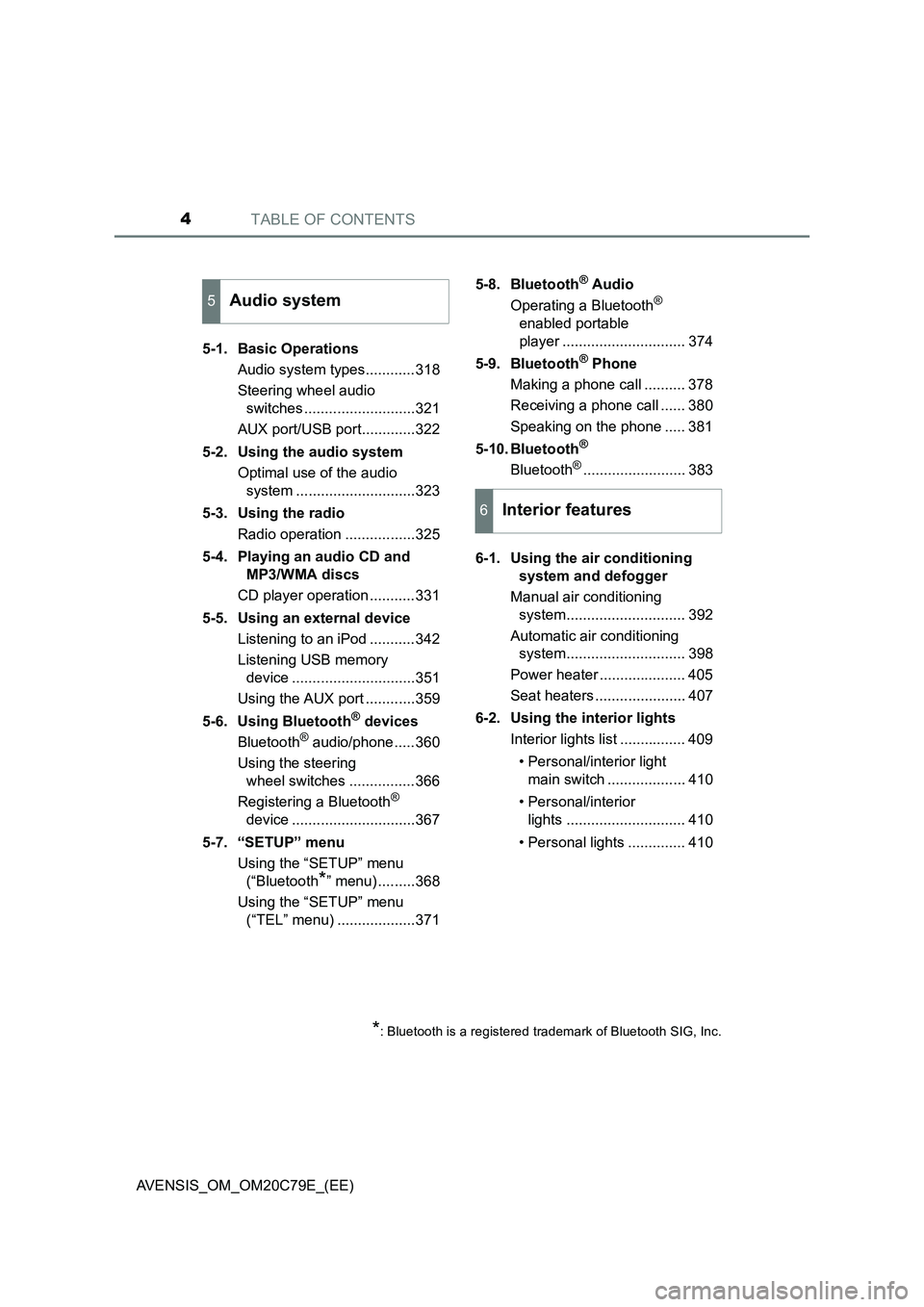 TOYOTA AVENSIS 2018 Owners Manual TABLE OF CONTENTS4
AVENSIS_OM_OM20C79E_(EE)5-1. Basic Operations
Audio system types............318
Steering wheel audio
switches ...........................321
AUX port/USB port.............322
5-2. TOYOTA AVENSIS 2018 Owners Manual TABLE OF CONTENTS4
AVENSIS_OM_OM20C79E_(EE)5-1. Basic Operations
Audio system types............318
Steering wheel audio
switches ...........................321
AUX port/USB port.............322
5-2.