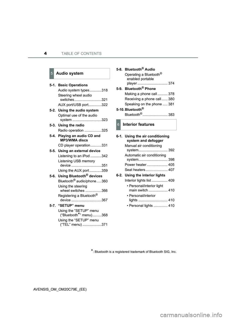 TOYOTA AVENSIS 2018  Owners Manual TABLE OF CONTENTS4
AVENSIS_OM_OM20C79E_(EE)5-1. Basic Operations
Audio system types............318
Steering wheel audio 
switches ...........................321
AUX port/USB port.............322
5-2. 