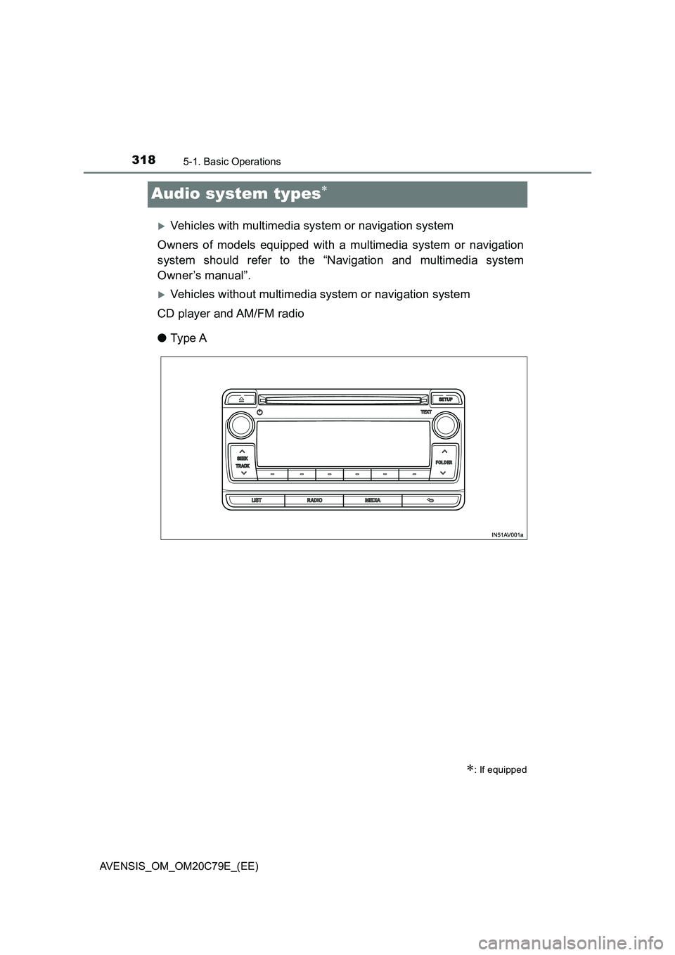 TOYOTA AVENSIS 2018 Owners Manual 3185-1. Basic Operations
AVENSIS_OM_OM20C79E_(EE)
Audio system types
Vehicles with multimedia system or navigation system
Owners of models equipped with a multimedia system or navigation
system TOYOTA AVENSIS 2018 Owners Manual 3185-1. Basic Operations
AVENSIS_OM_OM20C79E_(EE)
Audio system types
Vehicles with multimedia system or navigation system
Owners of models equipped with a multimedia system or navigation
system