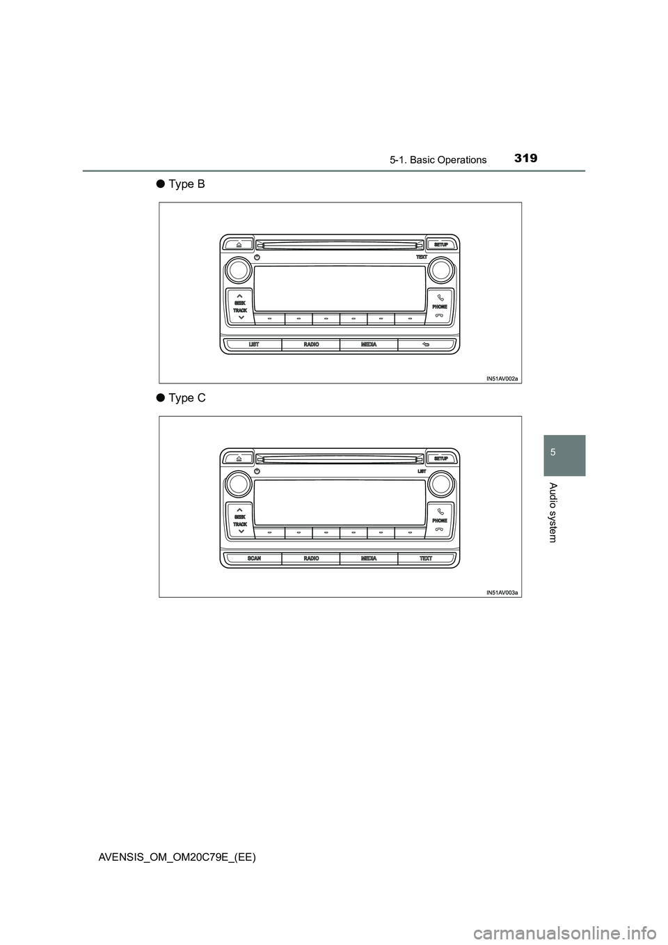 TOYOTA AVENSIS 2018 Owners Manual 3195-1. Basic Operations
5
Audio system
AVENSIS_OM_OM20C79E_(EE)
●Ty pe B
●Ty pe C TOYOTA AVENSIS 2018 Owners Manual 3195-1. Basic Operations
5
Audio system
AVENSIS_OM_OM20C79E_(EE)
●Ty pe B
●Ty pe C