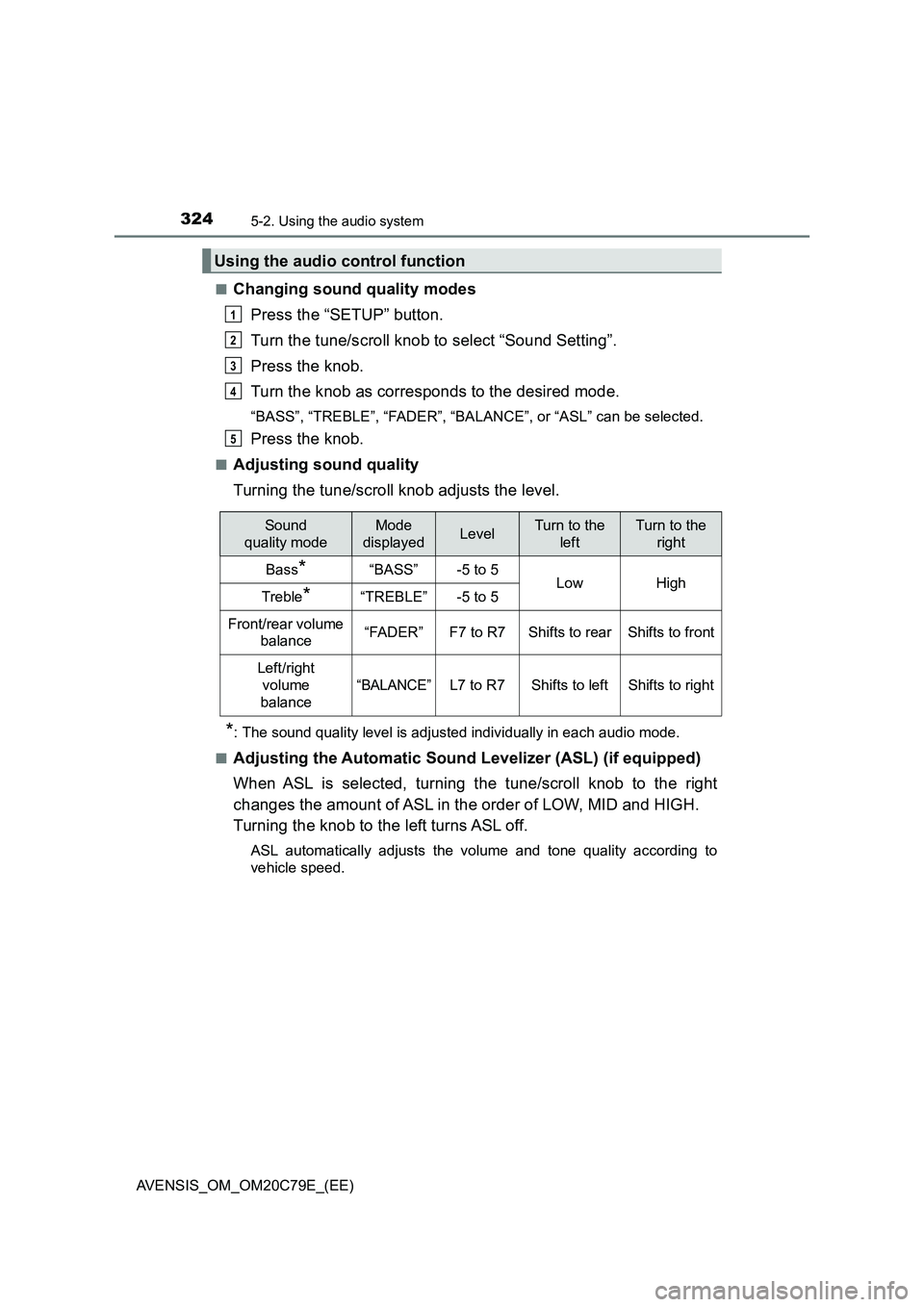 TOYOTA AVENSIS 2018 Owners Manual 3245-2. Using the audio system
AVENSIS_OM_OM20C79E_(EE)■
Changing sound quality modes
Press the “SETUP” button.
Turn the tune/scroll knob to select “Sound Setting”.
Press the knob.
Turn the TOYOTA AVENSIS 2018 Owners Manual 3245-2. Using the audio system
AVENSIS_OM_OM20C79E_(EE)■
Changing sound quality modes
Press the “SETUP” button.
Turn the tune/scroll knob to select “Sound Setting”.
Press the knob.
Turn the