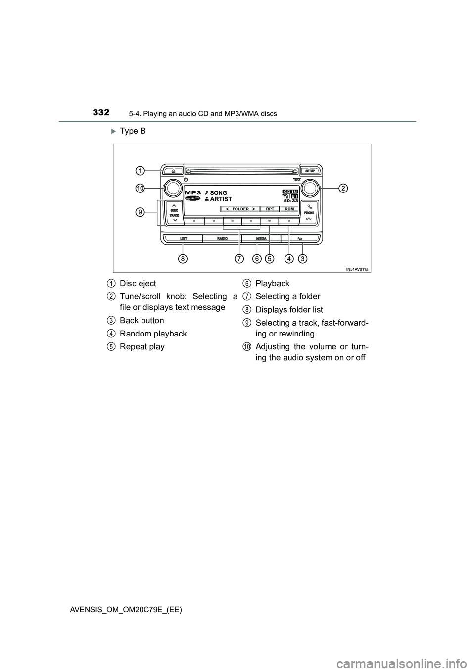 TOYOTA AVENSIS 2018 Owners Manual 3325-4. Playing an audio CD and MP3/WMA discs
AVENSIS_OM_OM20C79E_(EE)
Ty pe B
Disc eject
Tune/scroll knob: Selecting a
file or displays text message
Back button
Random playback
Repeat playPlaybac TOYOTA AVENSIS 2018 Owners Manual 3325-4. Playing an audio CD and MP3/WMA discs
AVENSIS_OM_OM20C79E_(EE)
Ty pe B
Disc eject
Tune/scroll knob: Selecting a
file or displays text message
Back button
Random playback
Repeat playPlaybac