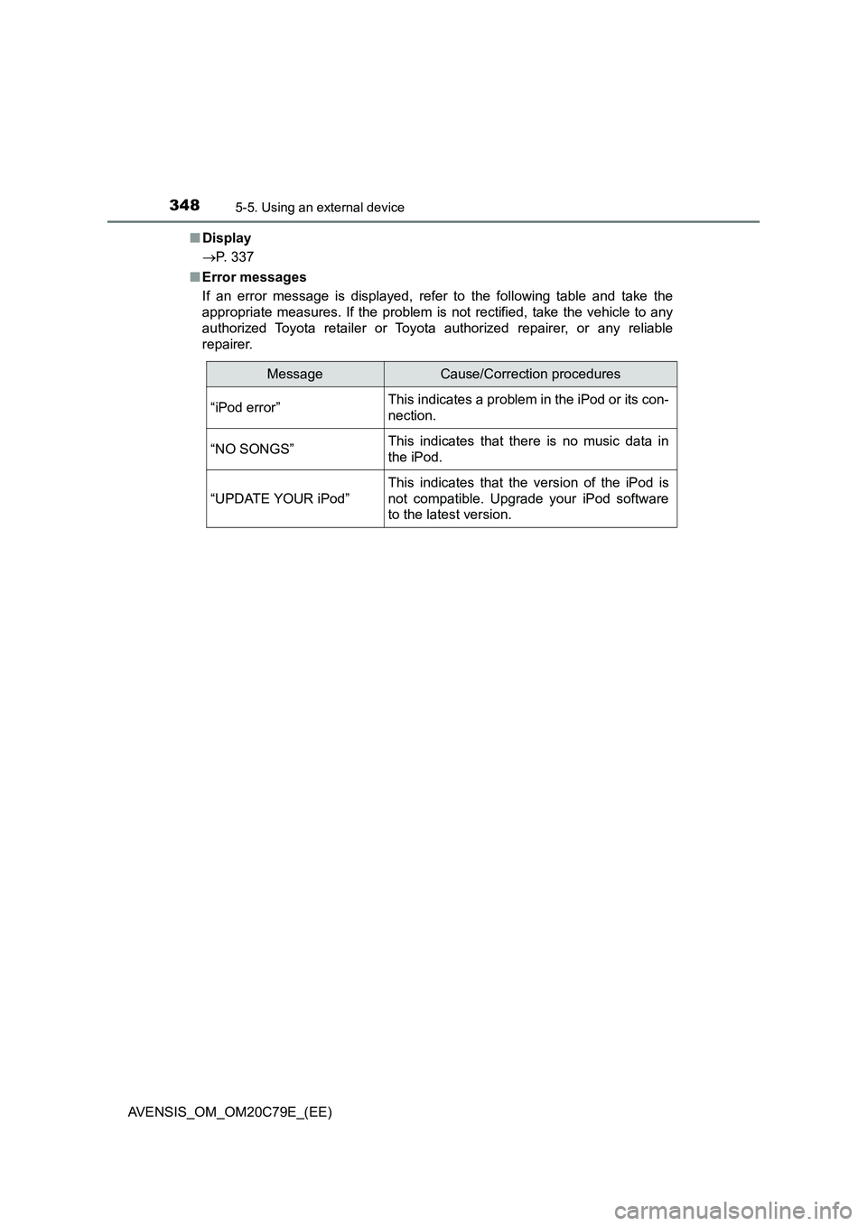 TOYOTA AVENSIS 2018 Owners Manual 3485-5. Using an external device
AVENSIS_OM_OM20C79E_(EE)■Display
P. 337
■Error messages
If an error message is displayed, refer to the following table and take the
appropriate measures. If the TOYOTA AVENSIS 2018 Owners Manual 3485-5. Using an external device
AVENSIS_OM_OM20C79E_(EE)■Display
P. 337
■Error messages
If an error message is displayed, refer to the following table and take the
appropriate measures. If the