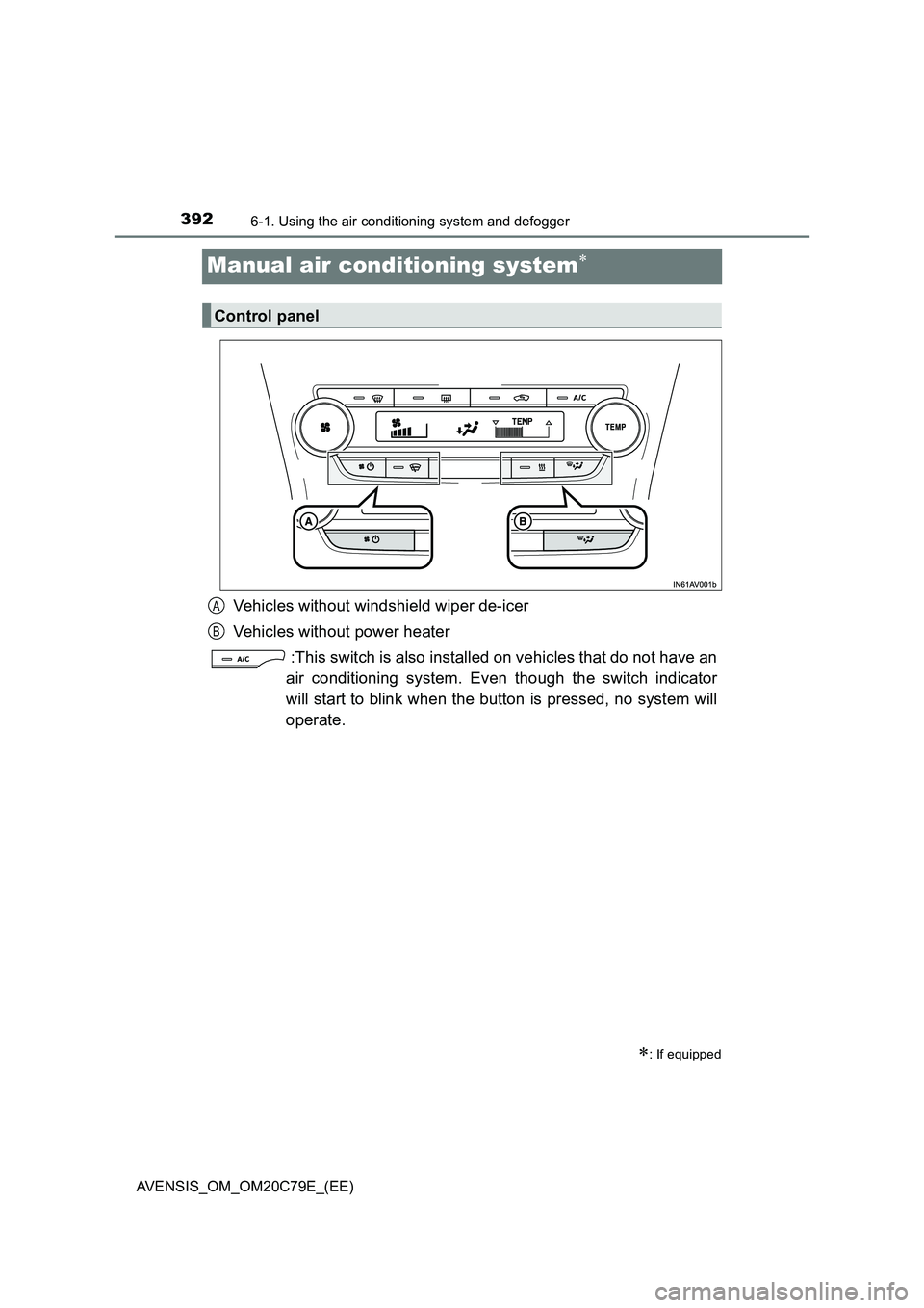 TOYOTA AVENSIS 2018  Owners Manual 3926-1. Using the air conditioning system and defogger
AVENSIS_OM_OM20C79E_(EE)
Manual air conditioning system
Vehicles without windshield wiper de-icer
Vehicles without power heater
:This switch i
