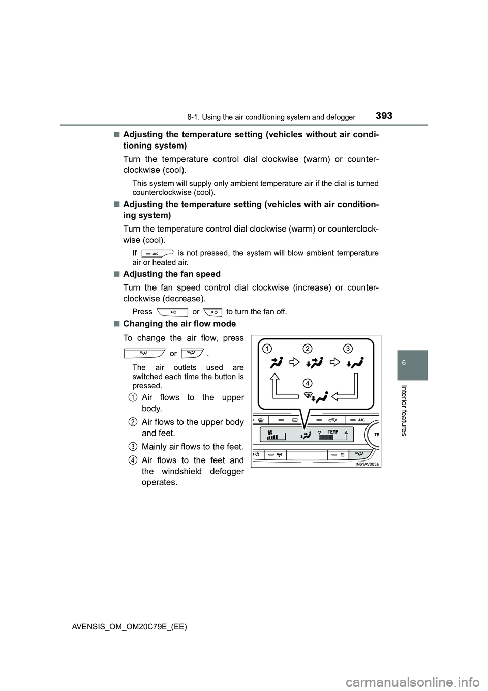 TOYOTA AVENSIS 2018  Owners Manual 3936-1. Using the air conditioning system and defogger
AVENSIS_OM_OM20C79E_(EE)
6
Interior features
■Adjusting the temperature setting (vehicles without air condi- 
tioning system) 
Turn the tempera