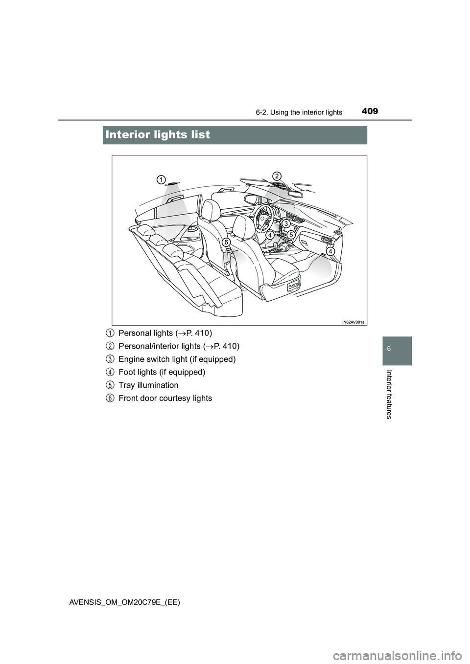 TOYOTA AVENSIS 2018 Owners Manual 4096-2. Using the interior lights
AVENSIS_OM_OM20C79E_(EE)
6
Interior features
Interior lights list
Personal lights (P. 410)
Personal/interior lights ( P. 410)
Engine switch light (if equipped TOYOTA AVENSIS 2018 Owners Manual 4096-2. Using the interior lights
AVENSIS_OM_OM20C79E_(EE)
6
Interior features
Interior lights list
Personal lights (P. 410)
Personal/interior lights ( P. 410)
Engine switch light (if equipped