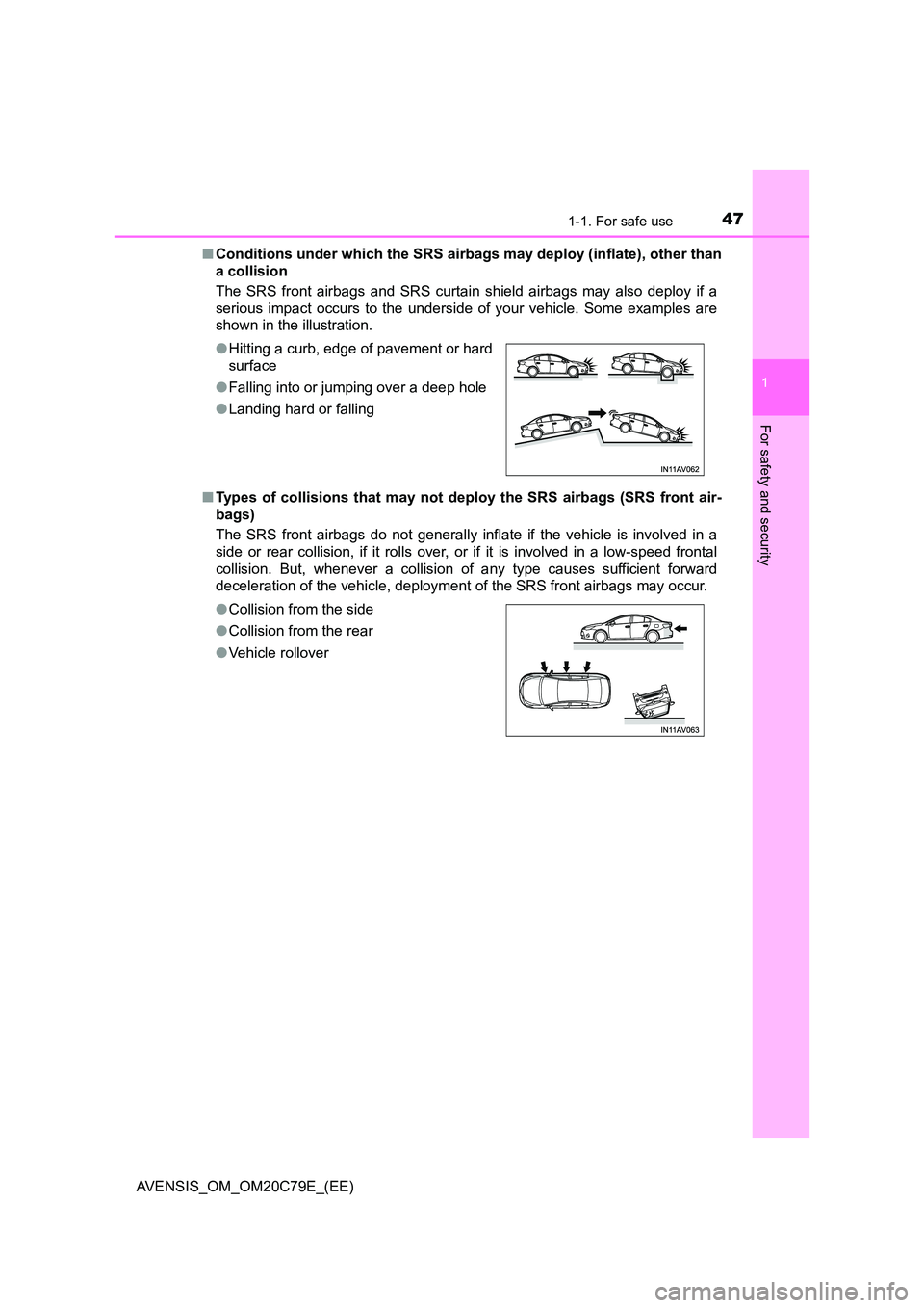TOYOTA AVENSIS 2018 Service Manual 471-1. For safe use
1
AVENSIS_OM_OM20C79E_(EE)
For safety and security
■Conditions under which the SRS airbags may deploy (inflate), other than 
a collision 
The SRS front airbags and SRS curtain sh
