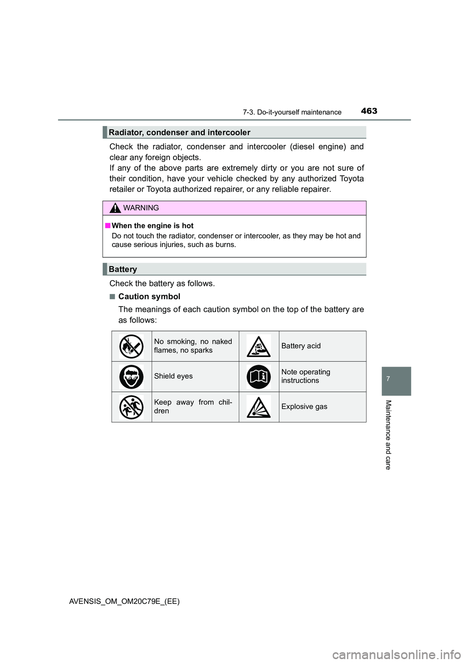 TOYOTA AVENSIS 2018 Owners Manual 4637-3. Do-it-yourself maintenance
AVENSIS_OM_OM20C79E_(EE)
7
Maintenance and care
Check the radiator, condenser and intercooler (diesel engine) and
clear any foreign objects.
If any of the above p TOYOTA AVENSIS 2018 Owners Manual 4637-3. Do-it-yourself maintenance
AVENSIS_OM_OM20C79E_(EE)
7
Maintenance and care
Check the radiator, condenser and intercooler (diesel engine) and
clear any foreign objects.
If any of the above p