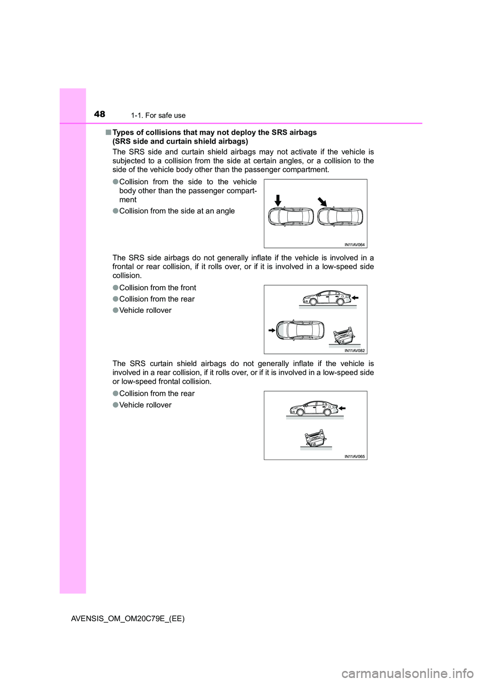 TOYOTA AVENSIS 2018 Service Manual 481-1. For safe use
AVENSIS_OM_OM20C79E_(EE) 
■ Types of collisions that may not deploy the SRS airbags  
(SRS side and curtain shield airbags) 
The SRS side and curtain shield airbags may not activ
