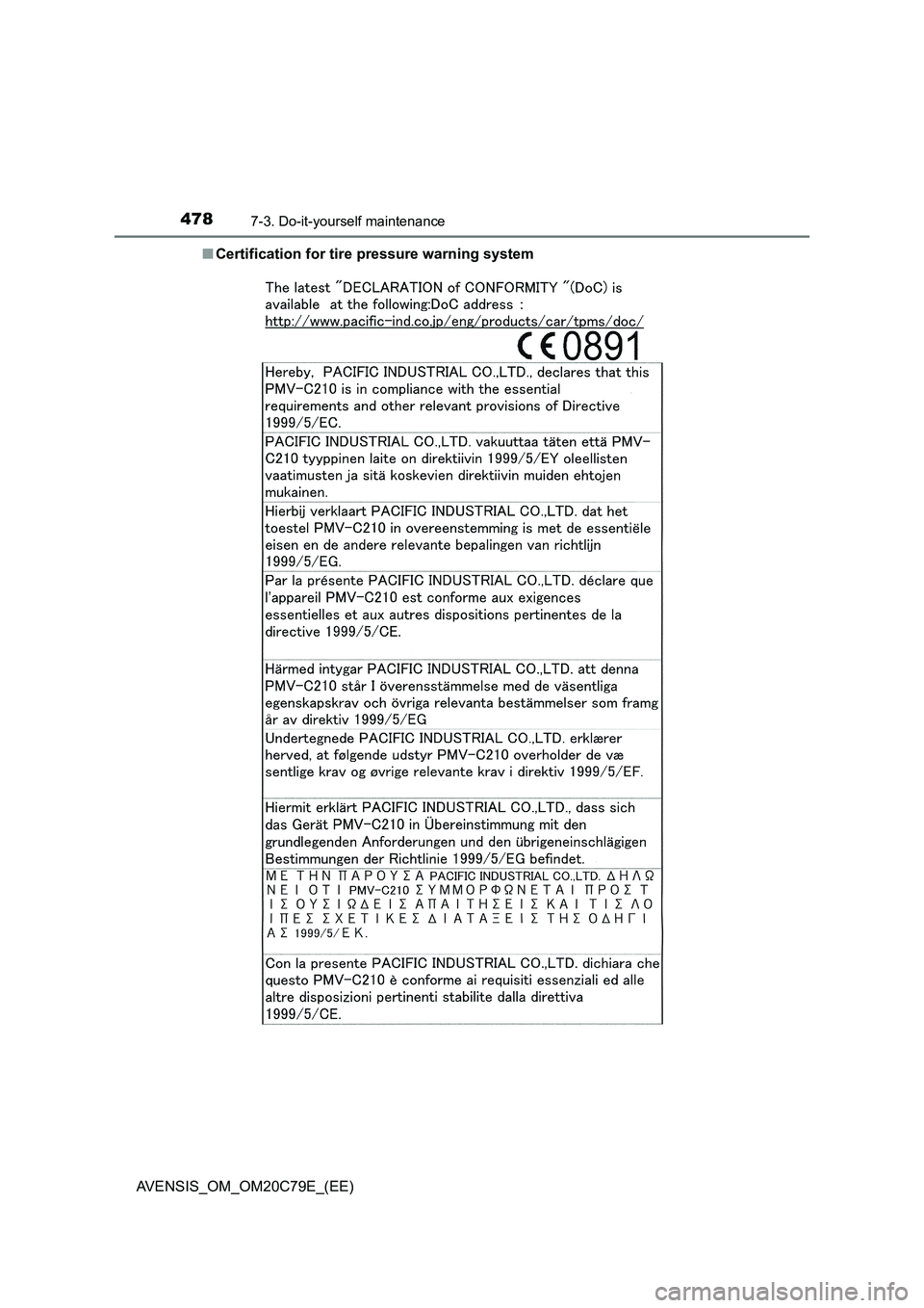 TOYOTA AVENSIS 2018  Owners Manual 4787-3. Do-it-yourself maintenance
AVENSIS_OM_OM20C79E_(EE)■Certification for tire pressure warning system 
