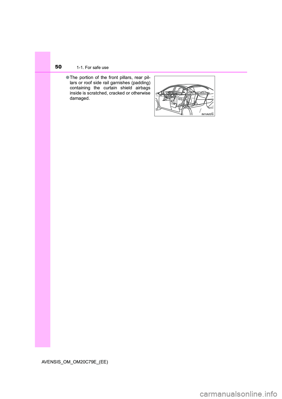 TOYOTA AVENSIS 2018 Service Manual 501-1. For safe use
AVENSIS_OM_OM20C79E_(EE) 
● The portion of the front pillars, rear pil- 
lars or roof side rail garnishes (padding) 
containing the curtain shield airbags 
inside is scratched, c