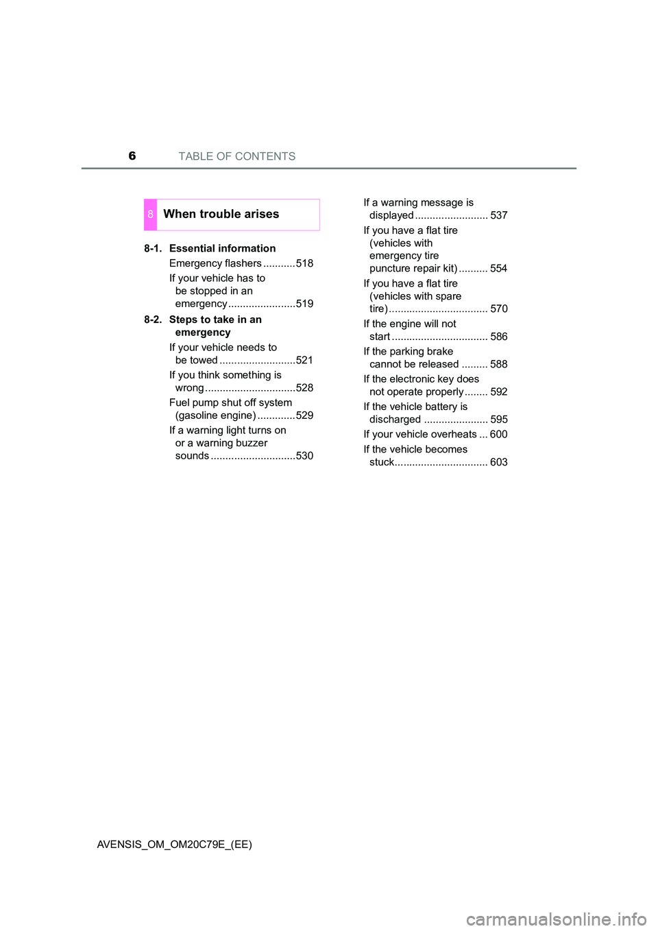 TOYOTA AVENSIS 2018 Owners Manual TABLE OF CONTENTS6
AVENSIS_OM_OM20C79E_(EE)
8-1. Essential information
Emergency flashers ...........518
If your vehicle has to
be stopped in an
emergency .......................519
8-2. Steps TOYOTA AVENSIS 2018 Owners Manual TABLE OF CONTENTS6
AVENSIS_OM_OM20C79E_(EE)
8-1. Essential information
Emergency flashers ...........518
If your vehicle has to
be stopped in an
emergency .......................519
8-2. Steps