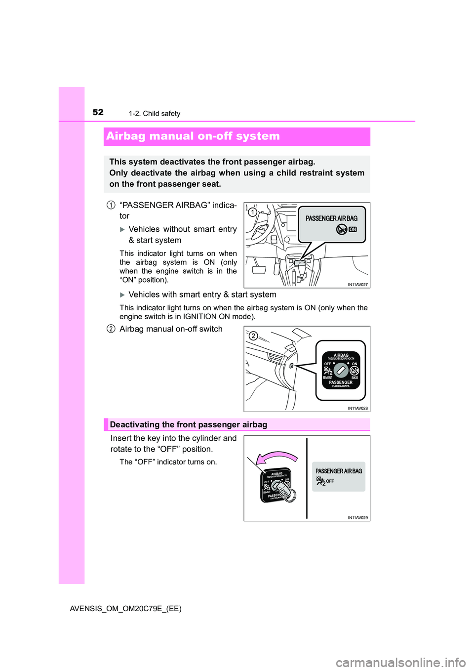 TOYOTA AVENSIS 2018  Owners Manual 521-2. Child safety
AVENSIS_OM_OM20C79E_(EE)
Airbag manual on-off system
“PASSENGER AIRBAG”  indica- 
tor
Vehicles without smart entry 
& start system
This indicator light turns on when 
the ai