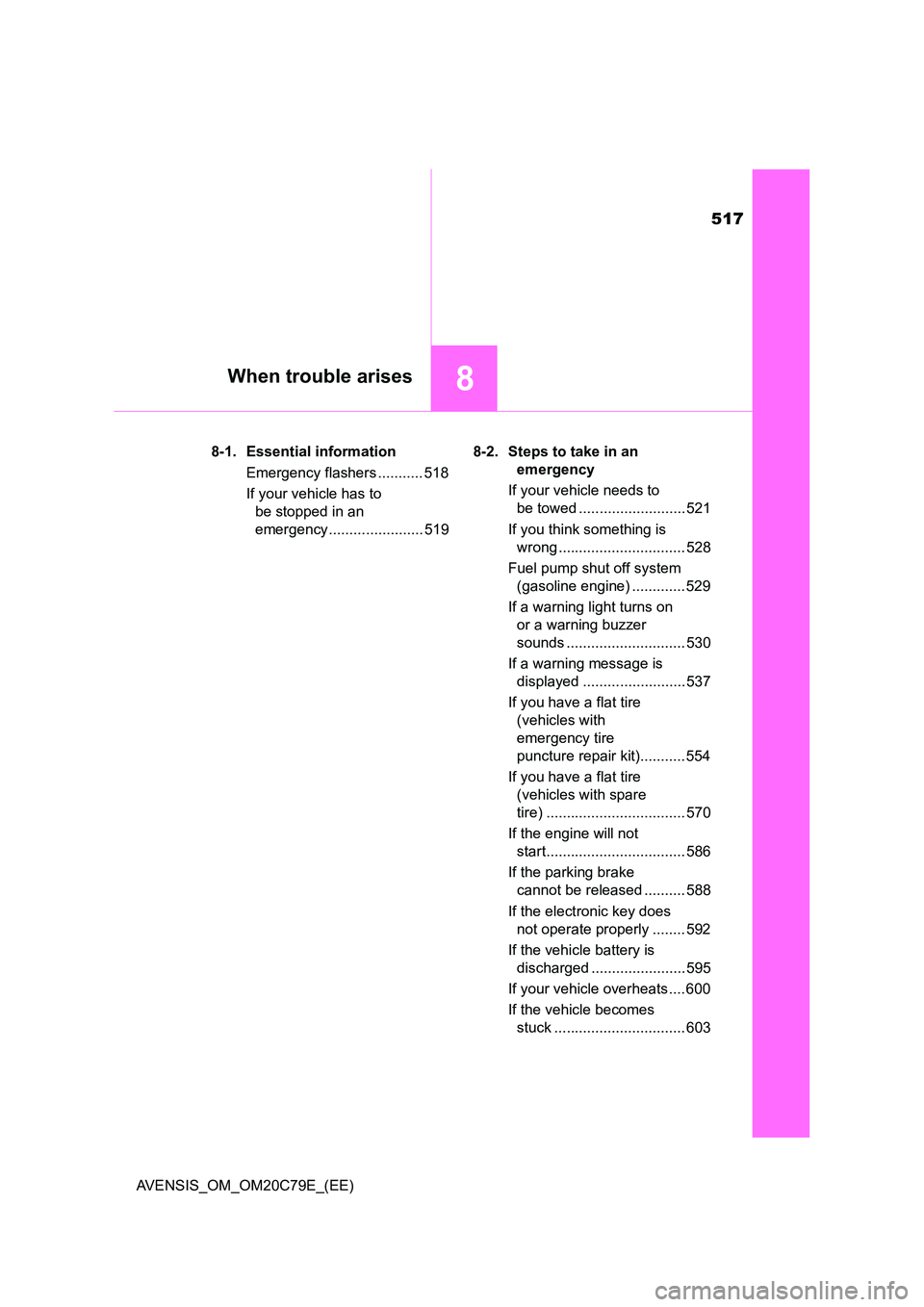 TOYOTA AVENSIS 2018 Owners Manual 517
8When trouble arises
AVENSIS_OM_OM20C79E_(EE)
8-1. Essential information
Emergency flashers ........... 518
If your vehicle has to
be stopped in an
emergency ....................... 519
8-2 TOYOTA AVENSIS 2018 Owners Manual 517
8When trouble arises
AVENSIS_OM_OM20C79E_(EE)
8-1. Essential information
Emergency flashers ........... 518
If your vehicle has to
be stopped in an
emergency ....................... 519
8-2