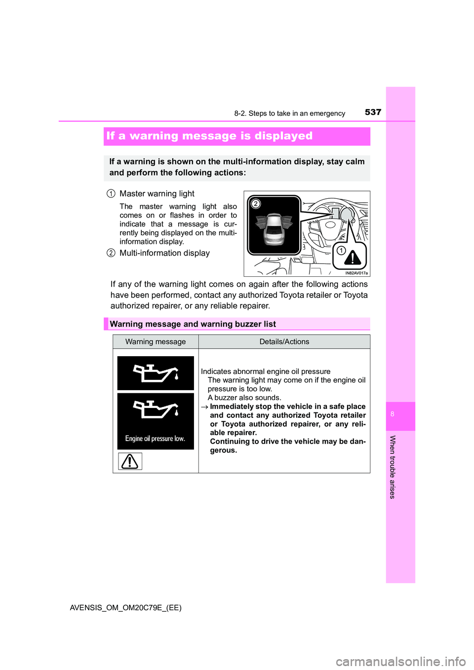 TOYOTA AVENSIS 2018 Owners Manual 5378-2. Steps to take in an emergency
AVENSIS_OM_OM20C79E_(EE)
8
When trouble arises
If a warning message is displayed
Master warning light
The master warning light also
comes on or flashes in order TOYOTA AVENSIS 2018 Owners Manual 5378-2. Steps to take in an emergency
AVENSIS_OM_OM20C79E_(EE)
8
When trouble arises
If a warning message is displayed
Master warning light
The master warning light also
comes on or flashes in order