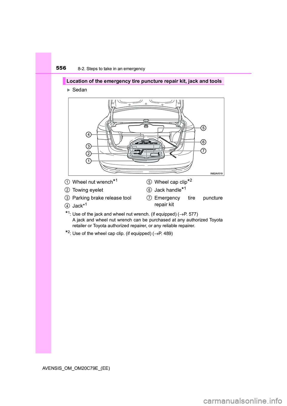 TOYOTA AVENSIS 2018 Owners Manual 5568-2. Steps to take in an emergency
AVENSIS_OM_OM20C79E_(EE)
Sedan
*1: Use of the jack and wheel nut wrench. (if equipped) (P. 577)
A jack and wheel nut wrench can be purchased at any authori TOYOTA AVENSIS 2018 Owners Manual 5568-2. Steps to take in an emergency
AVENSIS_OM_OM20C79E_(EE)
Sedan
*1: Use of the jack and wheel nut wrench. (if equipped) (P. 577)
A jack and wheel nut wrench can be purchased at any authori