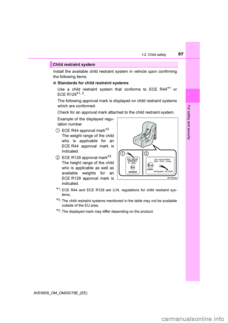 TOYOTA AVENSIS 2018 Workshop Manual 571-2. Child safety
1
AVENSIS_OM_OM20C79E_(EE)
For safety and security
Install the available child restraint system in vehicle upon confirming
the following items.
■Standards for child restraint sy TOYOTA AVENSIS 2018 Workshop Manual 571-2. Child safety
1
AVENSIS_OM_OM20C79E_(EE)
For safety and security
Install the available child restraint system in vehicle upon confirming
the following items.
■Standards for child restraint sy