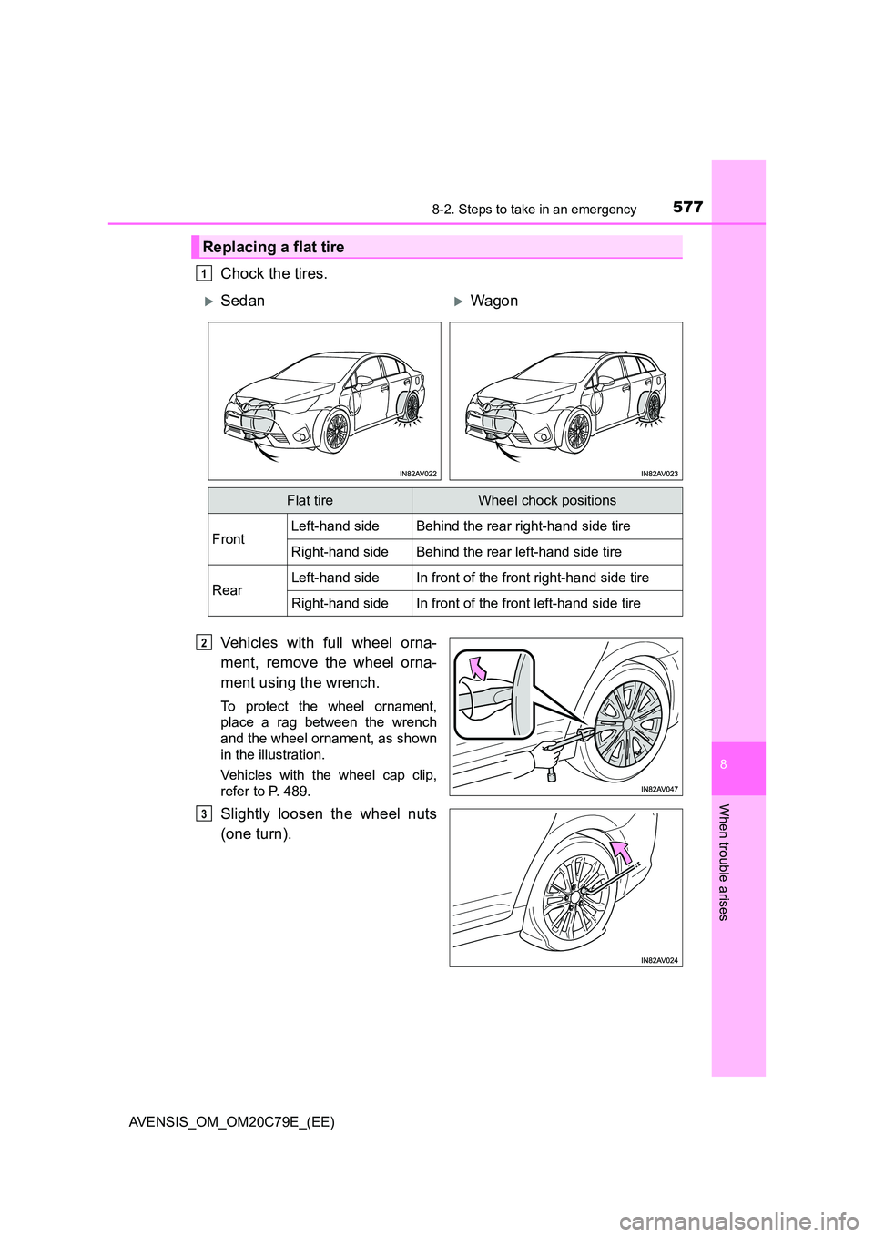 TOYOTA AVENSIS 2018  Owners Manual 5778-2. Steps to take in an emergency
AVENSIS_OM_OM20C79E_(EE)
8
When trouble arises
Chock the tires. 
Vehicles with full wheel orna- 
ment, remove the wheel orna- 
ment using the wrench.
To protect t