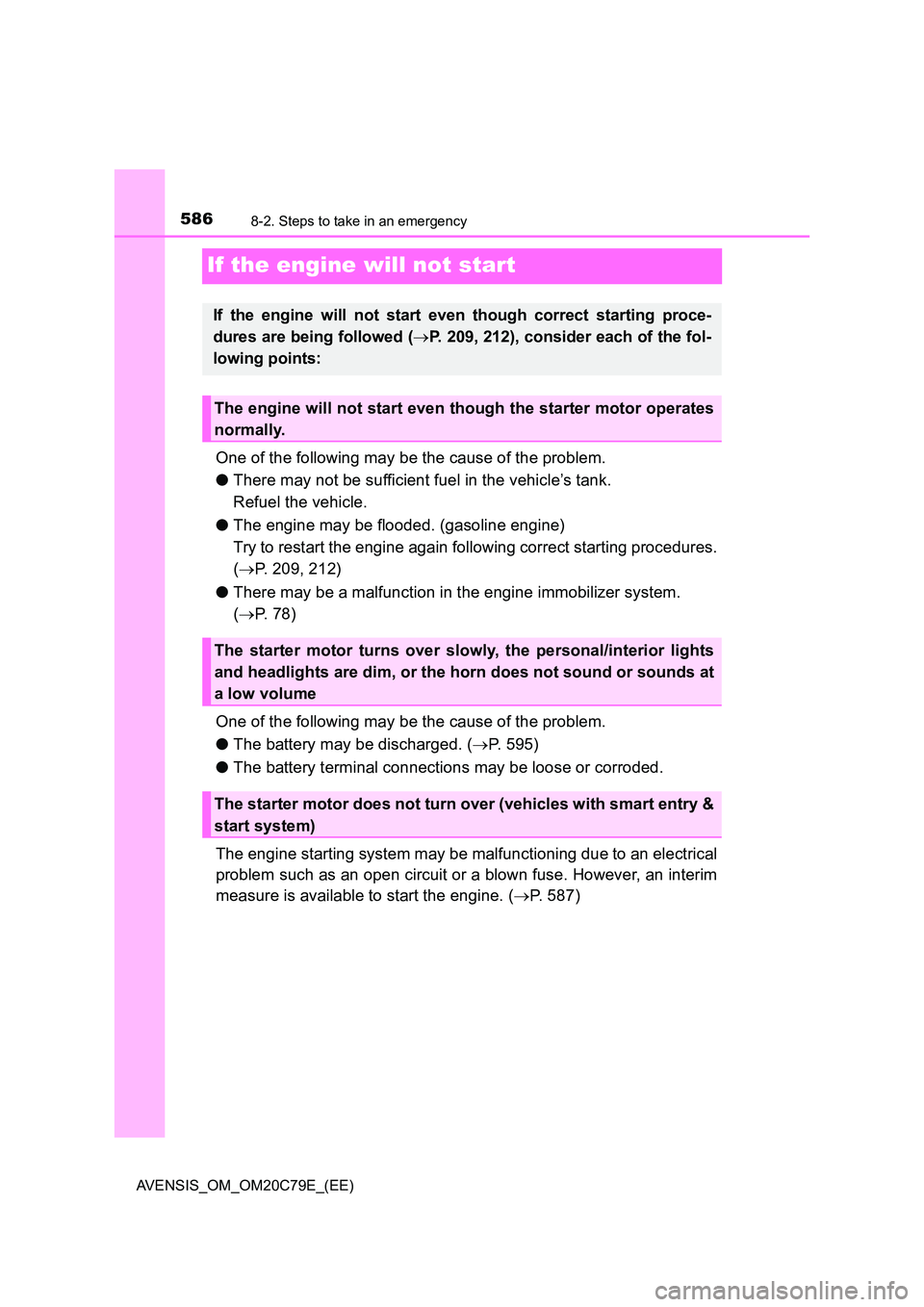 TOYOTA AVENSIS 2018  Owners Manual 5868-2. Steps to take in an emergency
AVENSIS_OM_OM20C79E_(EE)
If the engine will not start
One of the following may be the cause of the problem. 
● There may not be sufficient fuel in the vehicle