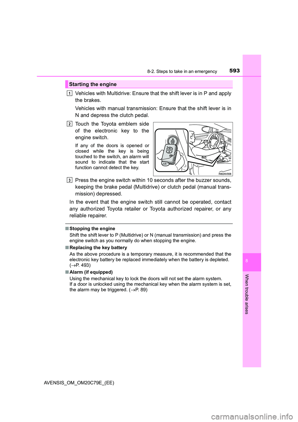 TOYOTA AVENSIS 2018  Owners Manual 5938-2. Steps to take in an emergency
AVENSIS_OM_OM20C79E_(EE)
8
When trouble arises
Vehicles with Multidrive: Ensure that the shift lever is in P and apply 
the brakes. 
Vehicles with manual transmis