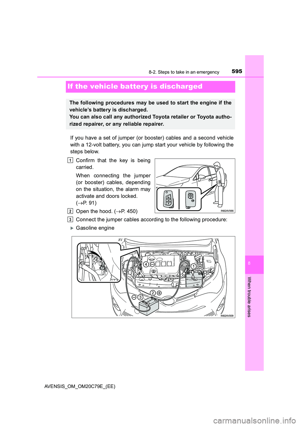 TOYOTA AVENSIS 2018  Owners Manual 5958-2. Steps to take in an emergency
AVENSIS_OM_OM20C79E_(EE)
8
When trouble arises
If the vehicle battery is discharged
If you have a set of jumper (or booster) cables and a second vehicle 
with a 1