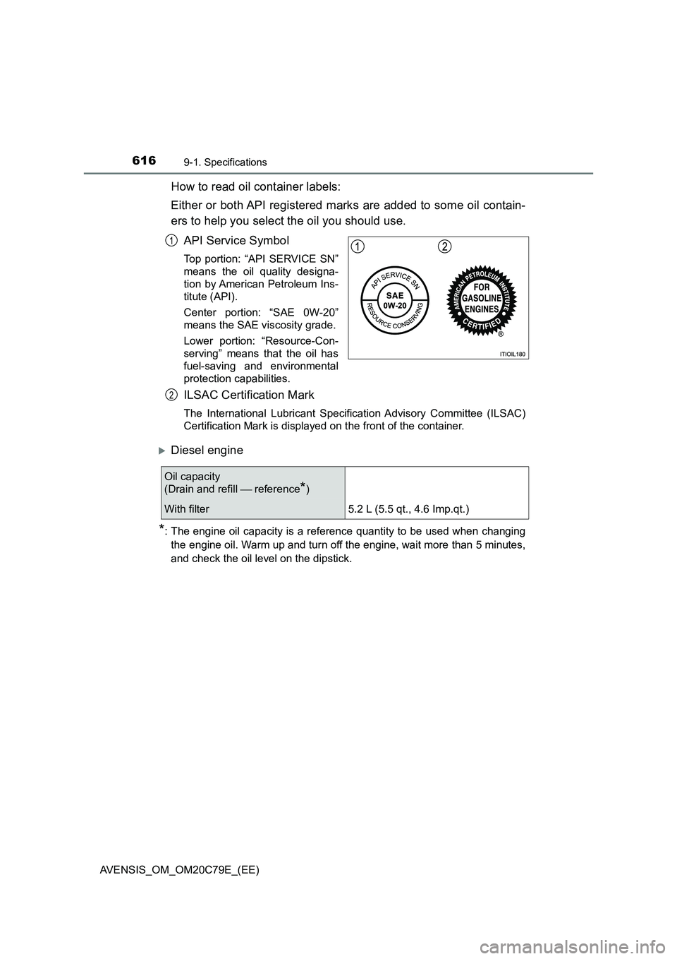TOYOTA AVENSIS 2018  Owners Manual 6169-1. Specifications
AVENSIS_OM_OM20C79E_(EE)
How to read oil container labels:
Either or both API registered marks are added to some oil contain-
ers to help you select the oil you should use.
API 