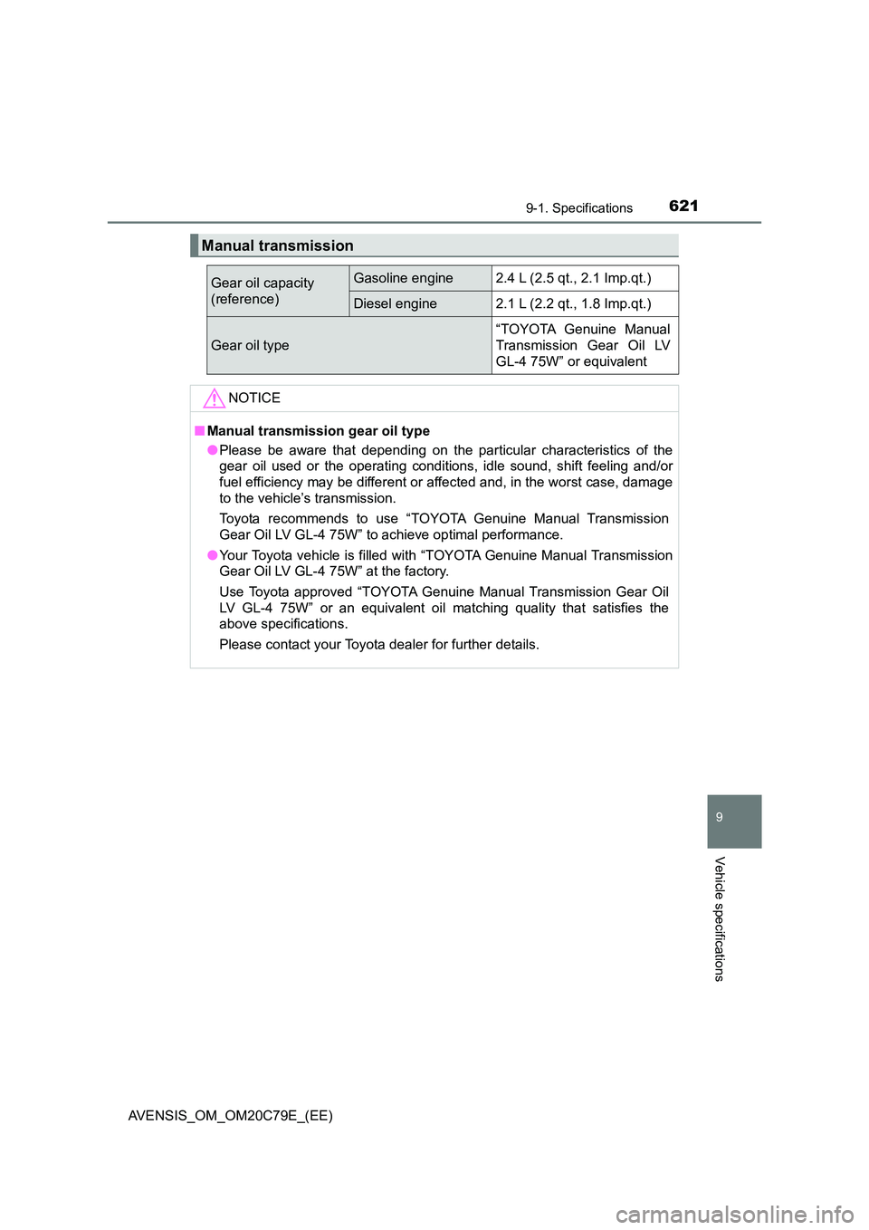 TOYOTA AVENSIS 2018  Owners Manual 6219-1. Specifications
AVENSIS_OM_OM20C79E_(EE)
9
Vehicle specifications
Manual transmission
Gear oil capacity 
(reference)
Gasoline engine2.4 L (2.5 qt., 2.1 Imp.qt.)
Diesel engine2.1 L (2.2 qt., 1.8