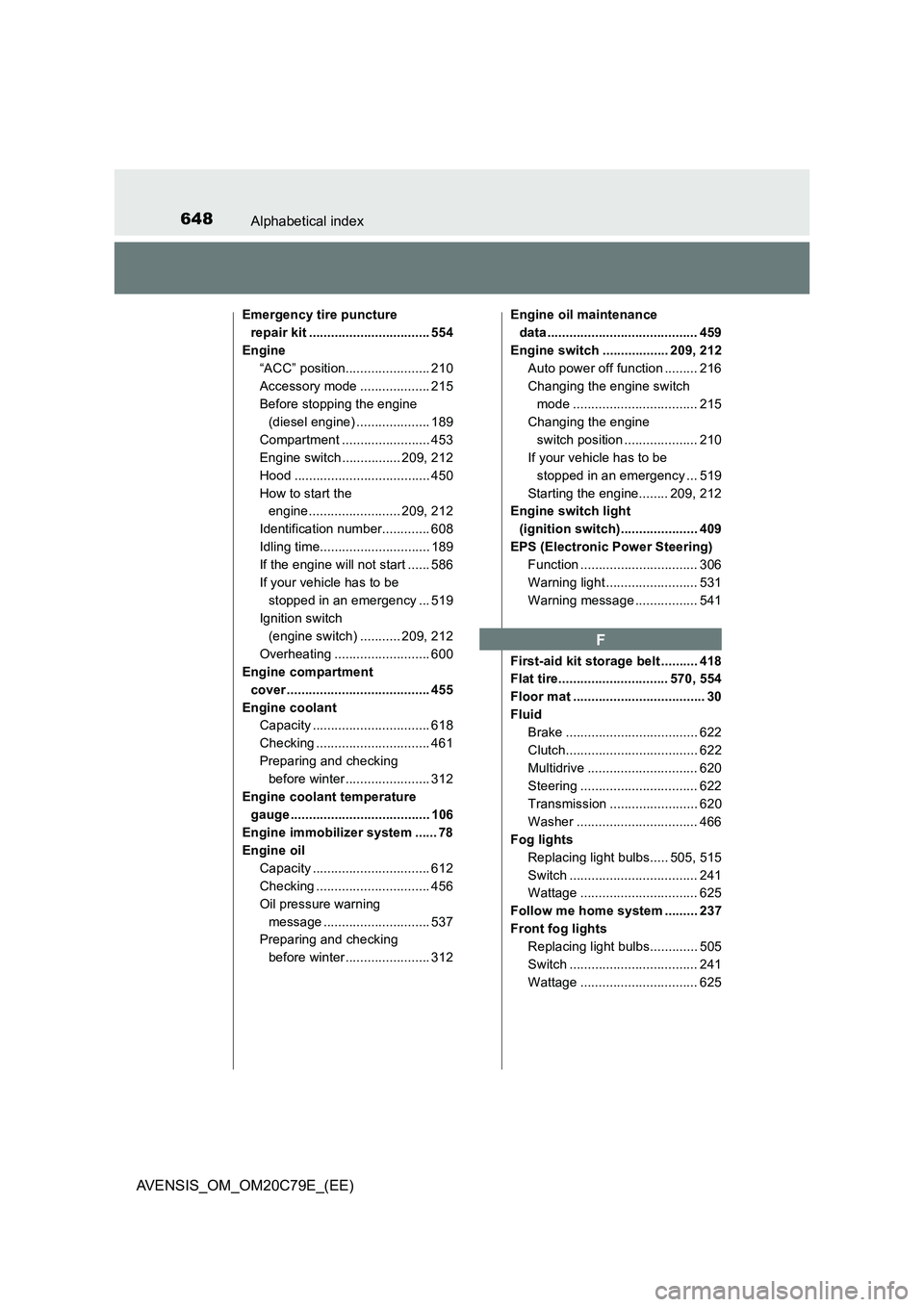 TOYOTA AVENSIS 2018 Owners Manual 648Alphabetical index
AVENSIS_OM_OM20C79E_(EE)
Emergency tire puncture
repair kit ................................. 554
Engine
“ACC” position....................... 210
Accessory mode ........... TOYOTA AVENSIS 2018 Owners Manual 648Alphabetical index
AVENSIS_OM_OM20C79E_(EE)
Emergency tire puncture
repair kit ................................. 554
Engine
“ACC” position....................... 210
Accessory mode ...........