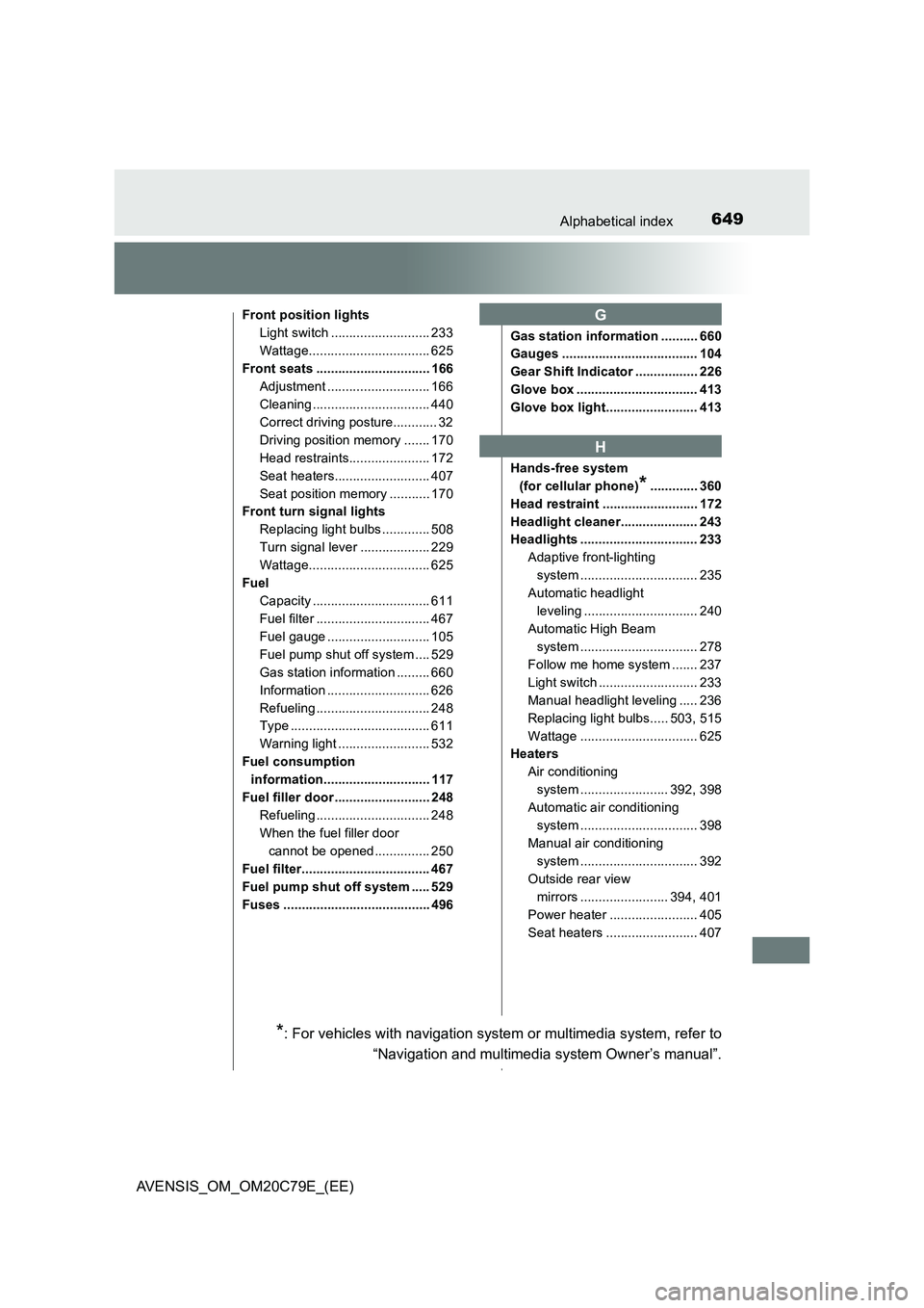 TOYOTA AVENSIS 2018 Owners Manual 649Alphabetical index
AVENSIS_OM_OM20C79E_(EE)
Front position lights
Light switch ........................... 233
Wattage................................. 625
Front seats ............................. TOYOTA AVENSIS 2018 Owners Manual 649Alphabetical index
AVENSIS_OM_OM20C79E_(EE)
Front position lights
Light switch ........................... 233
Wattage................................. 625
Front seats .............................