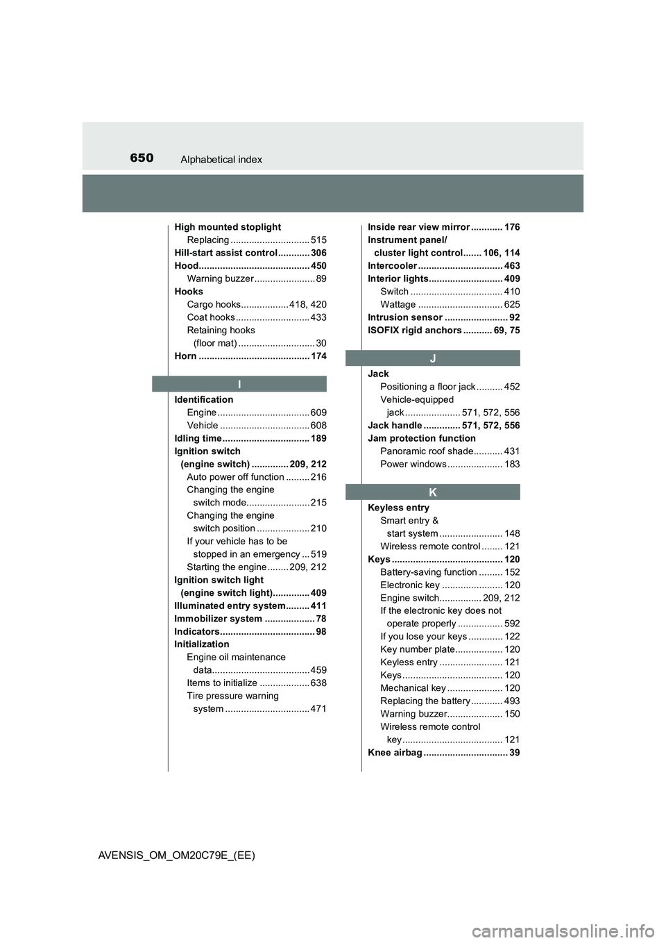TOYOTA AVENSIS 2018 Owners Manual 650Alphabetical index
AVENSIS_OM_OM20C79E_(EE)
High mounted stoplight
Replacing .............................. 515
Hill-start assist control ............ 306
Hood...................................... TOYOTA AVENSIS 2018 Owners Manual 650Alphabetical index
AVENSIS_OM_OM20C79E_(EE)
High mounted stoplight
Replacing .............................. 515
Hill-start assist control ............ 306
Hood......................................