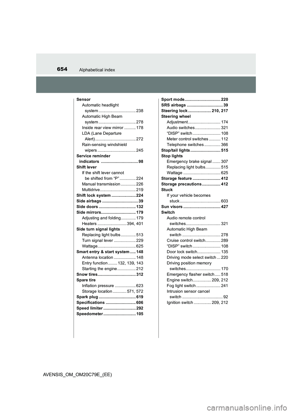 TOYOTA AVENSIS 2018 Owners Manual 654Alphabetical index
AVENSIS_OM_OM20C79E_(EE)
Sensor
Automatic headlight
system ................................ 238
Automatic High Beam
system ................................ 278
Inside rear view TOYOTA AVENSIS 2018 Owners Manual 654Alphabetical index
AVENSIS_OM_OM20C79E_(EE)
Sensor
Automatic headlight
system ................................ 238
Automatic High Beam
system ................................ 278
Inside rear view