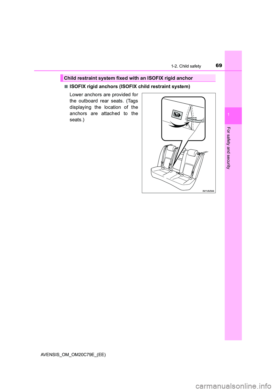 TOYOTA AVENSIS 2018 Repair Manual 691-2. Child safety
1
AVENSIS_OM_OM20C79E_(EE)
For safety and security
■ISOFIX rigid anchors (ISOFIX child restraint system) 
Lower anchors are provided for 
the outboard rear seats. (Tags 
displayi