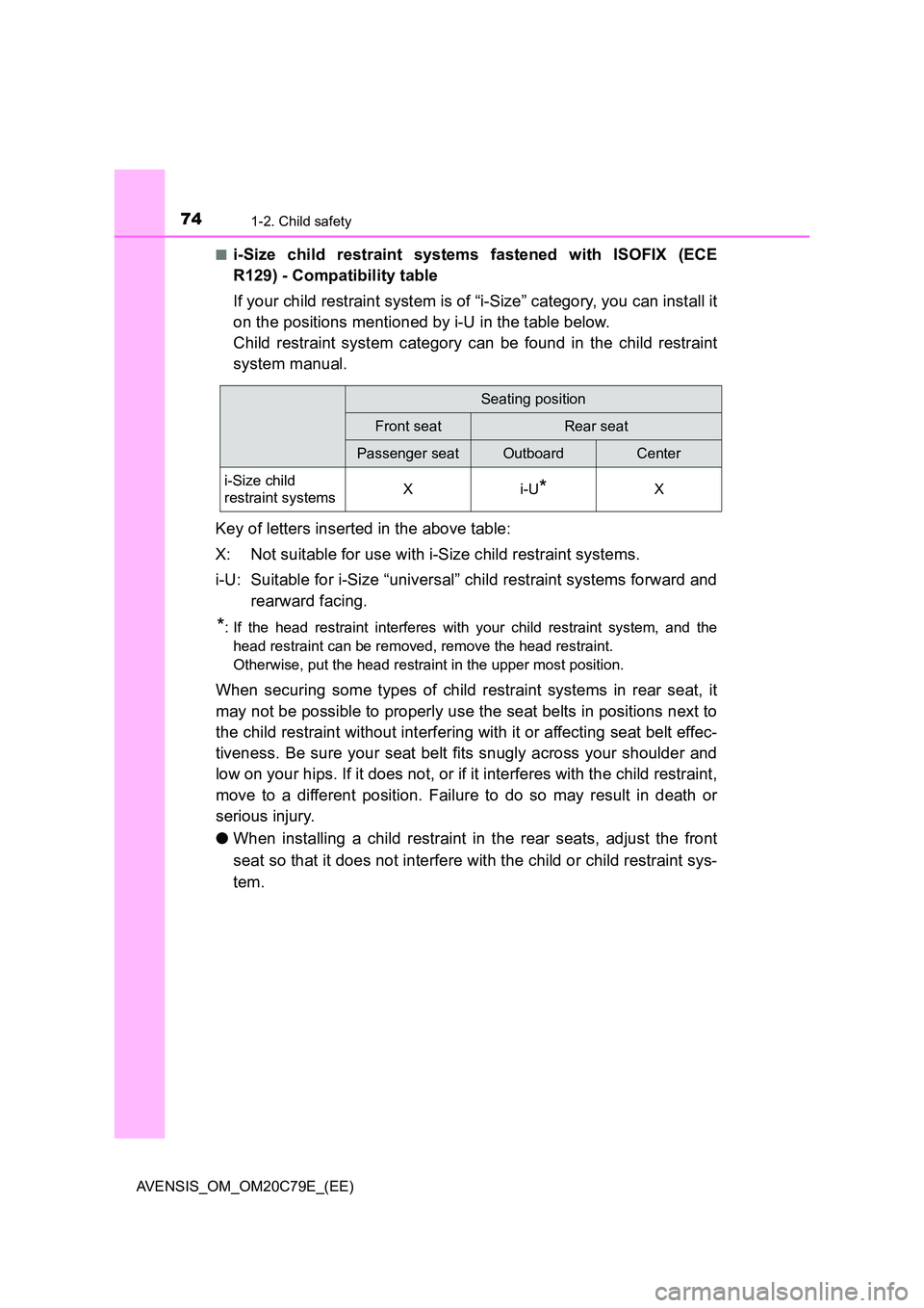 TOYOTA AVENSIS 2018 Manual PDF 741-2. Child safety
AVENSIS_OM_OM20C79E_(EE) 
■i-Size child restraint systems fastened with ISOFIX (ECE 
R129) - Compatibility table 
If your child restraint system is of “i-Size” category, you 