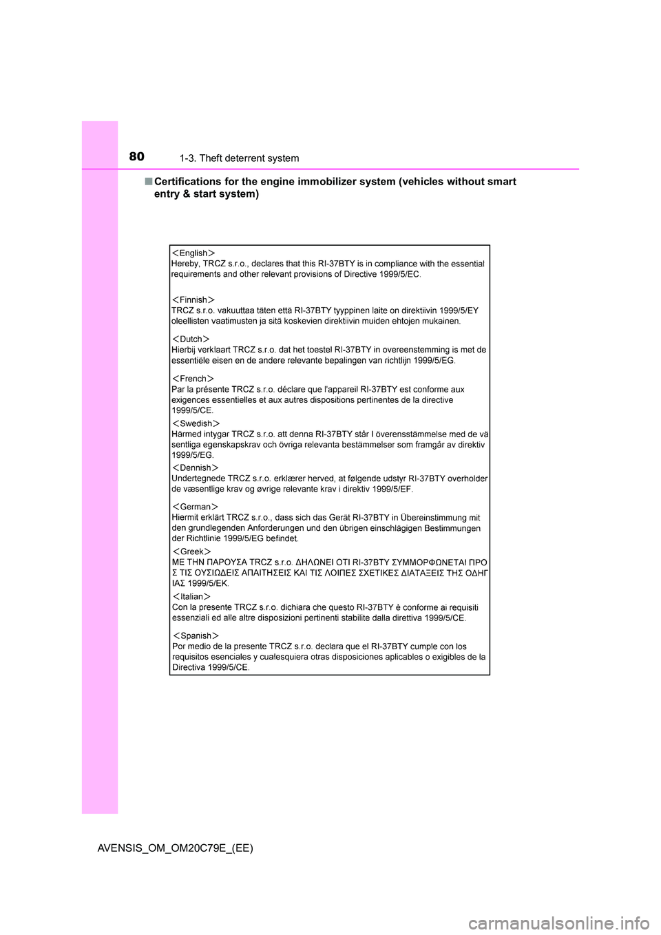 TOYOTA AVENSIS 2018 Manual PDF 801-3. Theft deterrent system
AVENSIS_OM_OM20C79E_(EE) 
■ Certifications for the engine immobilizer system (vehicles without smart 
entry & start system) 