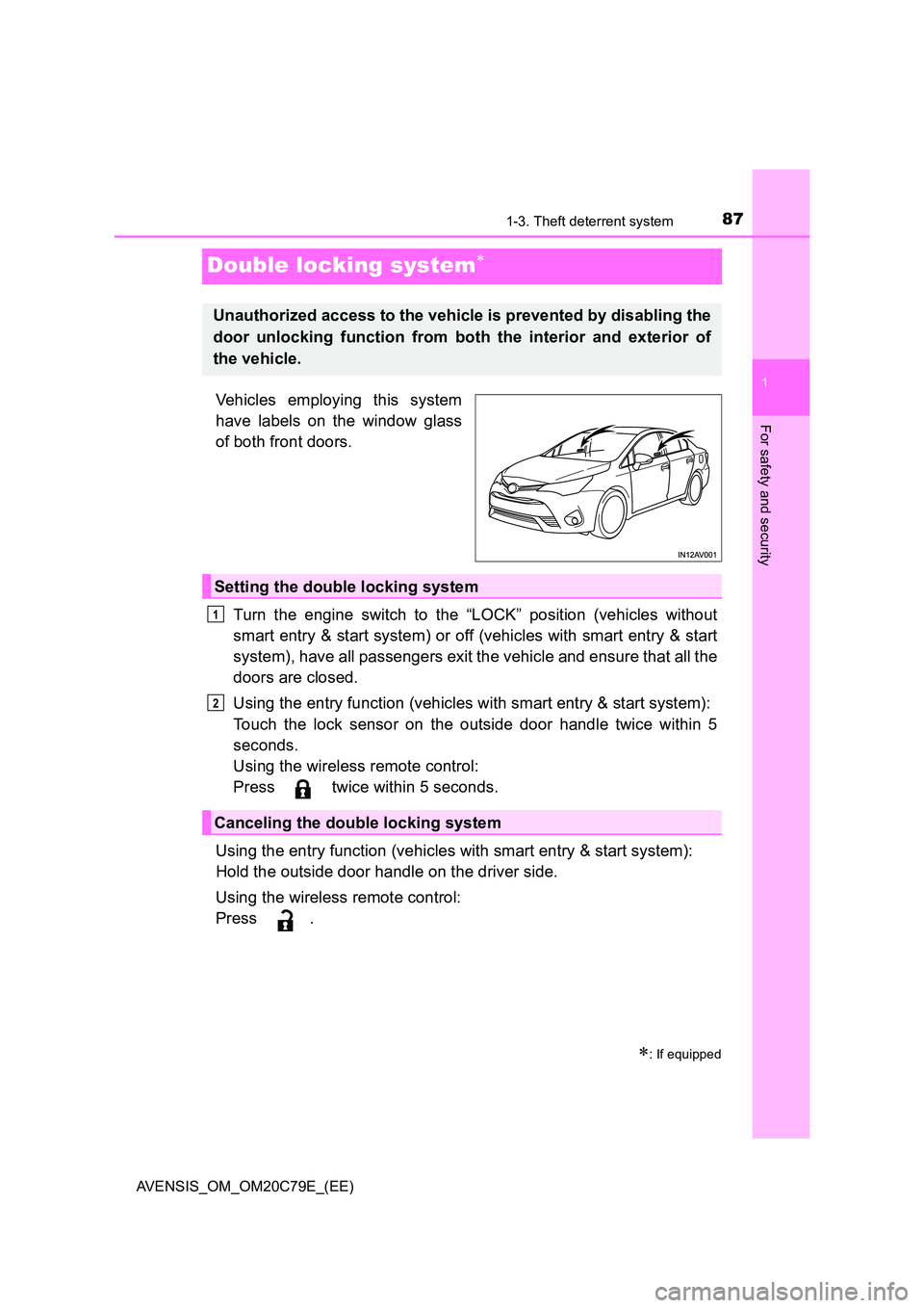 TOYOTA AVENSIS 2018 Manual Online 87
1
1-3. Theft deterrent system
AVENSIS_OM_OM20C79E_(EE)
For safety and security
Double locking system
Vehicles employing this system 
have labels on the window glass 
of both front doors. 
Turn t