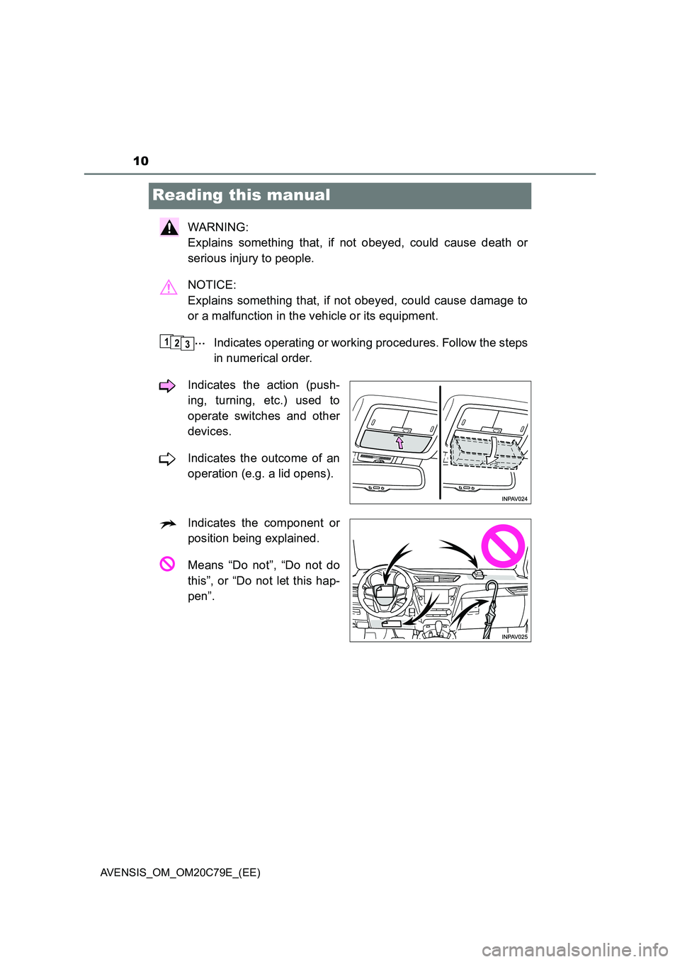 TOYOTA AVENSIS 2018 Owners Manual 10
AVENSIS_OM_OM20C79E_(EE)
Reading this manual
WARNING:
Explains something that, if not obeyed, could cause death or
serious injury to people.
NOTICE:
Explains something that, if not obeyed, could TOYOTA AVENSIS 2018 Owners Manual 10
AVENSIS_OM_OM20C79E_(EE)
Reading this manual
WARNING:
Explains something that, if not obeyed, could cause death or
serious injury to people.
NOTICE:
Explains something that, if not obeyed, could