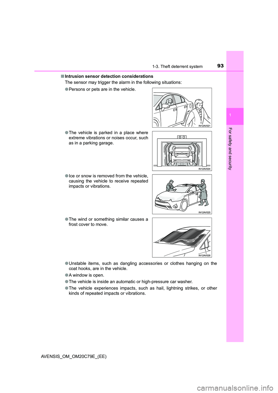 TOYOTA AVENSIS 2018  Owners Manual 931-3. Theft deterrent system
1
AVENSIS_OM_OM20C79E_(EE)
For safety and security
■Intrusion sensor detection considerations 
The sensor may trigger the alar m in the following situations: 
● Unsta