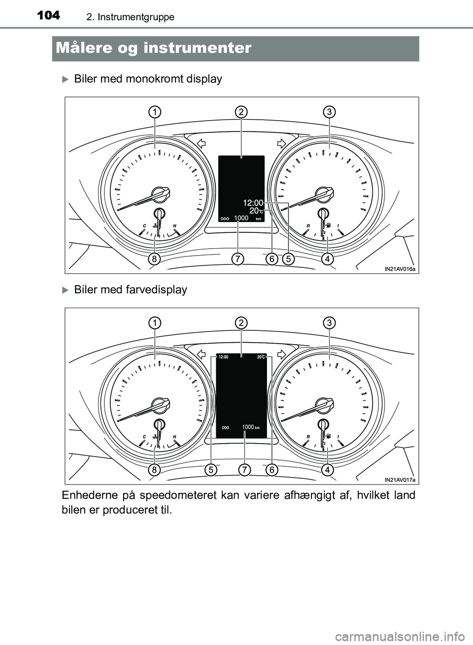 TOYOTA AVENSIS 2018 Brugsanvisning (in Danish) 1042. Instrumentgruppe
AVENSIS OM20C79DK
Målere og instrumenter
Biler med monokromt display
Biler med farvedisplay
Enhederne på speedometeret kan vari ere afhængigt af, hvilket land
bilen er TOYOTA AVENSIS 2018 Brugsanvisning (in Danish) 1042. Instrumentgruppe
AVENSIS OM20C79DK
Målere og instrumenter
Biler med monokromt display
Biler med farvedisplay
Enhederne på speedometeret kan vari ere afhængigt af, hvilket land
bilen er