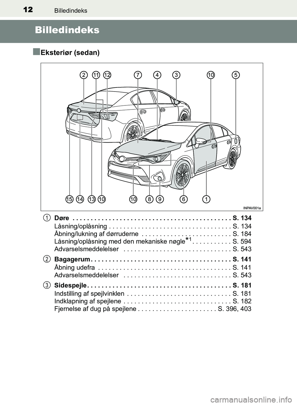 TOYOTA AVENSIS 2018 Brugsanvisning (in Danish) 12Billedindeks
AVENSIS OM20C79DK
Billedindeks
n
Eksteriør (sedan)
Døre . . . . . . . . . . . . . . . . . . . . . . . . . . . . . . . . . . . . . . . . . . . . S. 134
Låsning/oplåsning . . . . . . TOYOTA AVENSIS 2018 Brugsanvisning (in Danish) 12Billedindeks
AVENSIS OM20C79DK
Billedindeks
n
Eksteriør (sedan)
Døre . . . . . . . . . . . . . . . . . . . . . . . . . . . . . . . . . . . . . . . . . . . . S. 134
Låsning/oplåsning . . . . . .