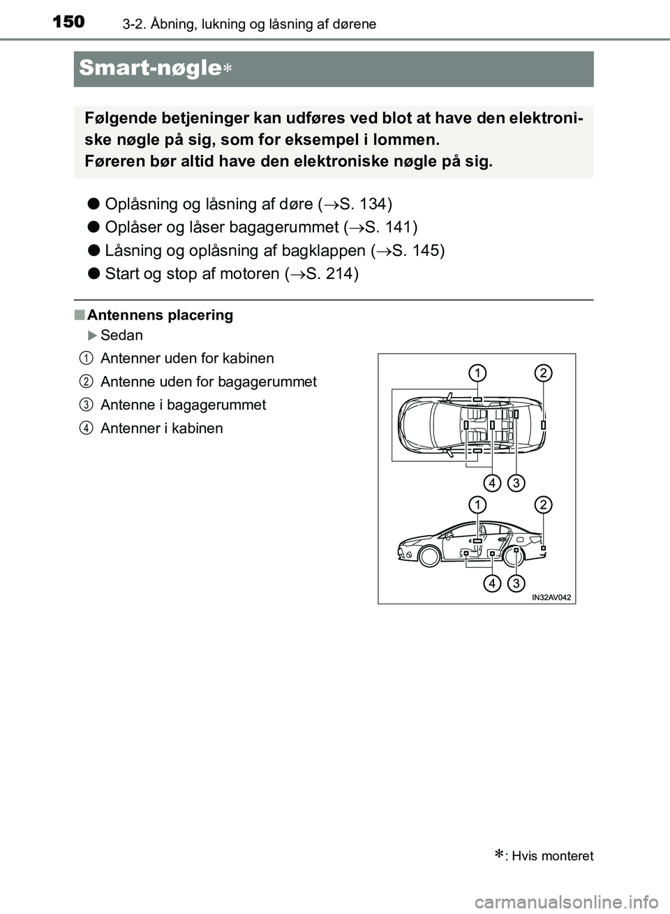 TOYOTA AVENSIS 2018  Brugsanvisning (in Danish) 1503-2. Åbning, lukning og låsning af dørene
AVENSIS OM20C79DK
Smart-nøgle
lOplåsning og låsning af døre ( S. 134)
l Oplåser og låser bagagerummet ( S. 141)
l Låsning og oplåsning 
