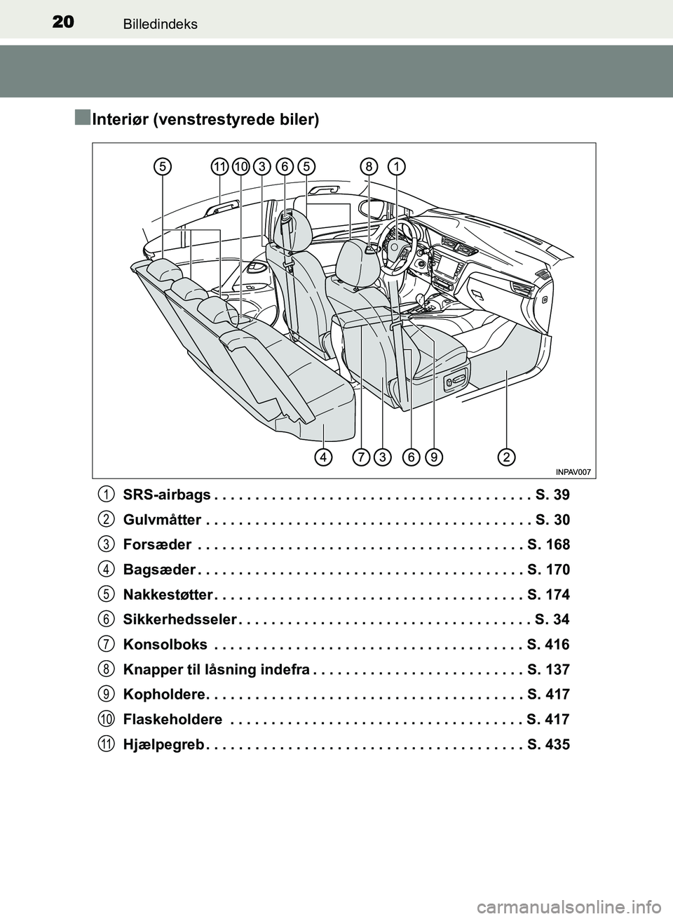 TOYOTA AVENSIS 2018 Brugsanvisning (in Danish) 20Billedindeks
AVENSIS OM20C79DK
nInteriør (venstrestyrede biler)
SRS-airbags . . . . . . . . . . . . . . . . . . . . . . . . . . . . . . . . . . . . . . . S. 39
Gulvmåtter . . . . . . . . . . . . . TOYOTA AVENSIS 2018 Brugsanvisning (in Danish) 20Billedindeks
AVENSIS OM20C79DK
nInteriør (venstrestyrede biler)
SRS-airbags . . . . . . . . . . . . . . . . . . . . . . . . . . . . . . . . . . . . . . . S. 39
Gulvmåtter . . . . . . . . . . . . .