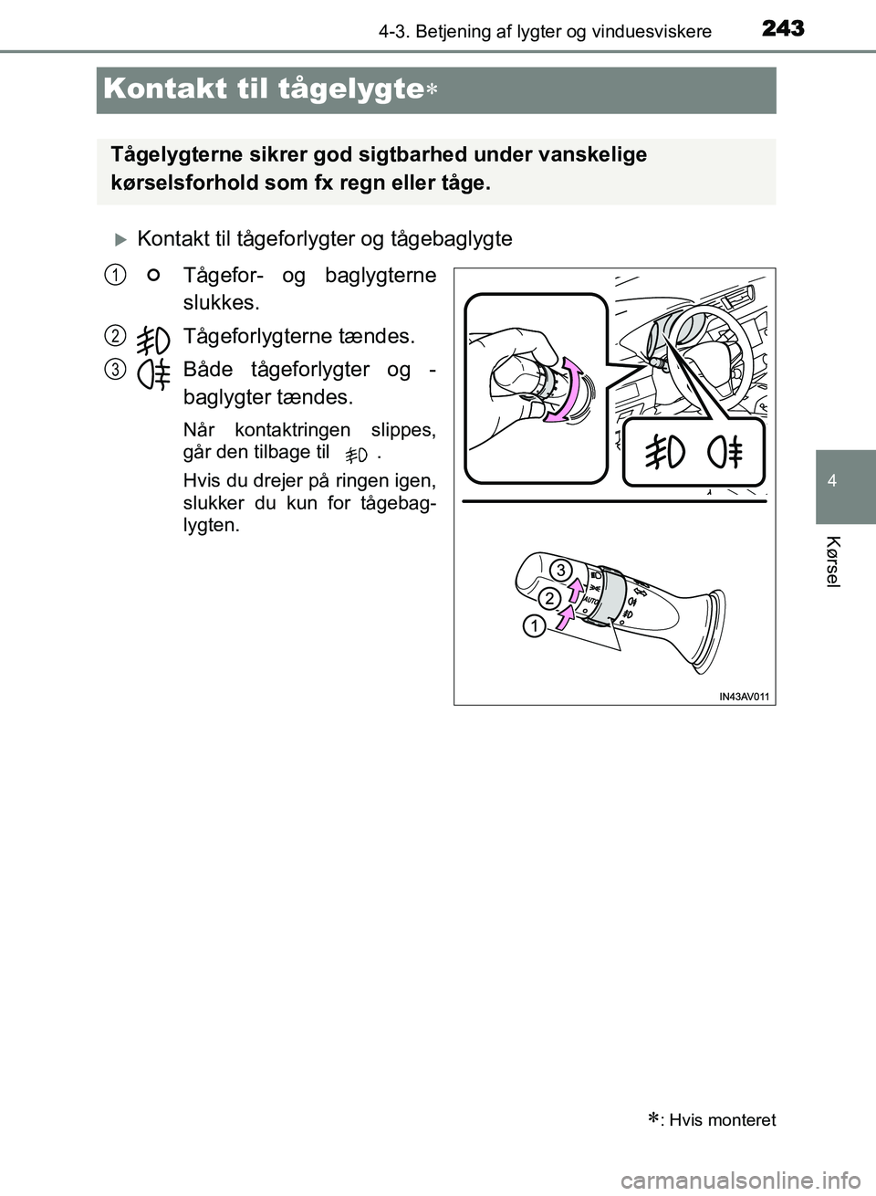 TOYOTA AVENSIS 2018  Brugsanvisning (in Danish) 243
4
4-3. Betjening af lygter og vinduesviskere
Kørsel
AVENSIS OM20C79DK
Kontakt til tågelygte
Kontakt til tågeforlygter og tågebaglygte
Tågefor- og baglygterne
slukkes.
Tågeforlygterne t