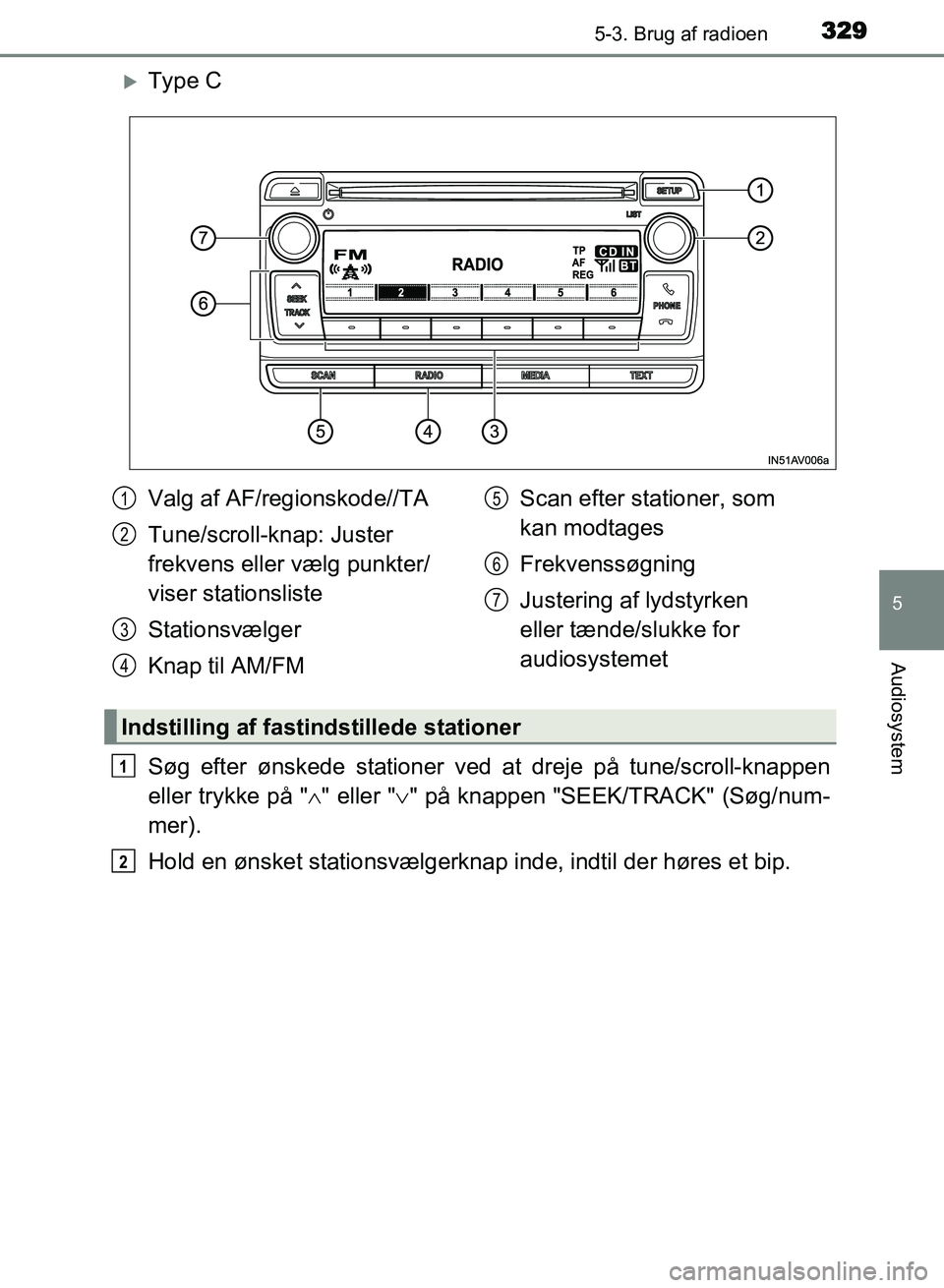 TOYOTA AVENSIS 2018  Brugsanvisning (in Danish) 3295-3. Brug af radioen
5
Audiosystem
AVENSIS OM20C79DK
Type C
Søg efter ønskede stationer ved at dreje på tune/scroll-knappen
eller trykke på " " eller "" på knappen "SEEK/TRACK" (Søg/