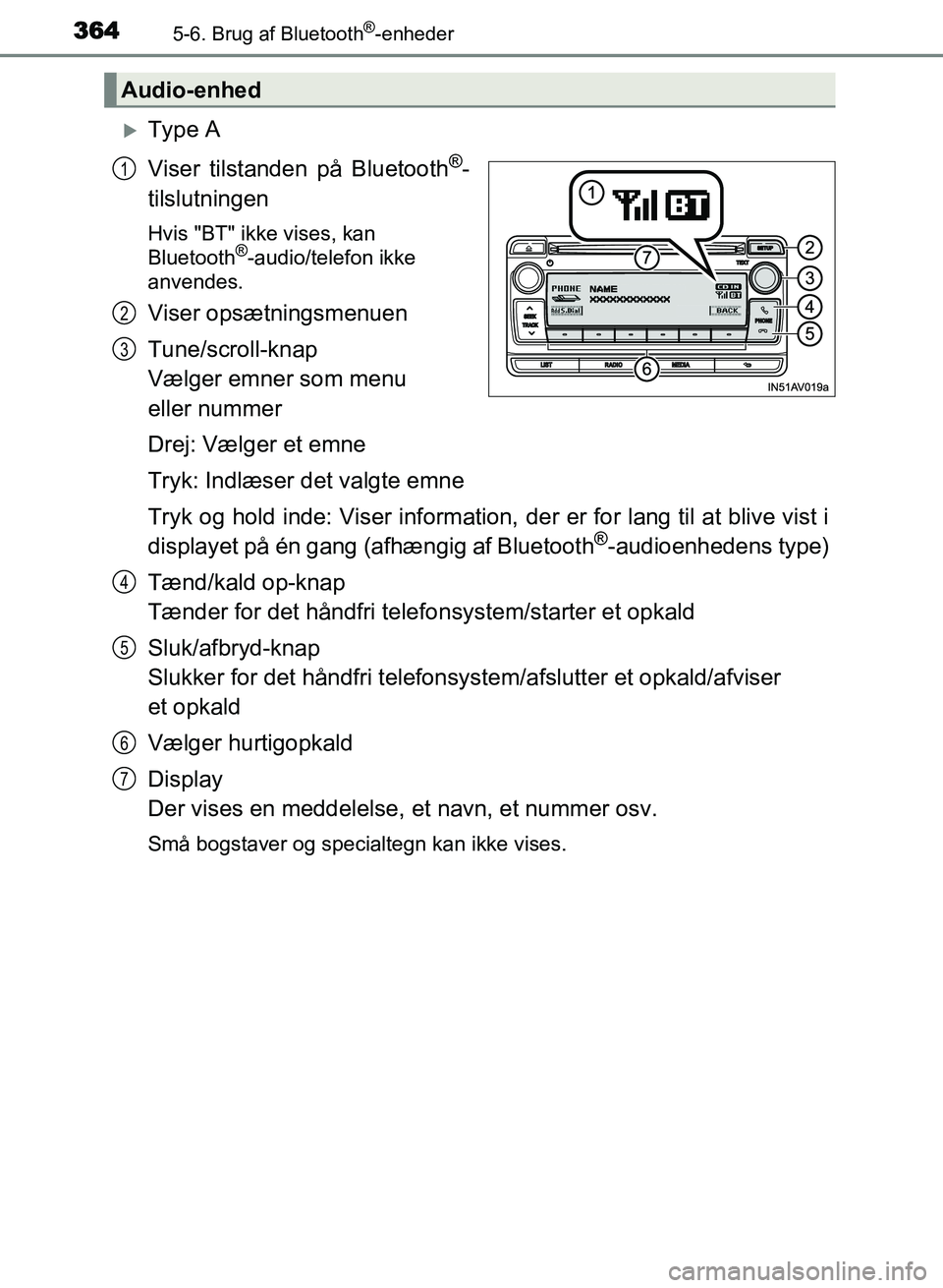 TOYOTA AVENSIS 2018 Brugsanvisning (in Danish) 3645-6. Brug af Bluetooth®-enheder
AVENSIS OM20C79DK
Type A
Viser tilstanden på Bluetooth
®-
tilslutningen
Hvis "BT" ikke vises, kan
Bluetooth®-audio/telefon ikke
anvendes.
Viser opsætningsm TOYOTA AVENSIS 2018 Brugsanvisning (in Danish) 3645-6. Brug af Bluetooth®-enheder
AVENSIS OM20C79DK
Type A
Viser tilstanden på Bluetooth
®-
tilslutningen
Hvis "BT" ikke vises, kan
Bluetooth®-audio/telefon ikke
anvendes.
Viser opsætningsm