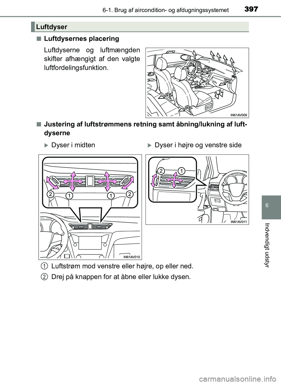 TOYOTA AVENSIS 2018 Brugsanvisning (in Danish) 3976-1. Brug af aircondition- og afdugningssystemet
AVENSIS OM20C79DK
6
Indvendigt udstyr
nLuftdysernes placering
Luftdyserne og luftmængden
skifter afhængigt af den valgte
luftfordelingsfunktion.
n TOYOTA AVENSIS 2018 Brugsanvisning (in Danish) 3976-1. Brug af aircondition- og afdugningssystemet
AVENSIS OM20C79DK
6
Indvendigt udstyr
nLuftdysernes placering
Luftdyserne og luftmængden
skifter afhængigt af den valgte
luftfordelingsfunktion.
n