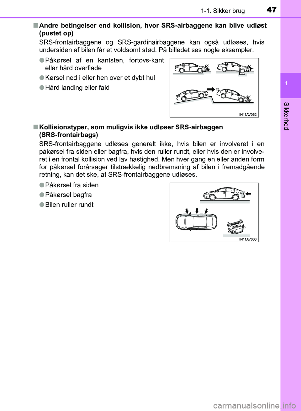 TOYOTA AVENSIS 2018  Brugsanvisning (in Danish) 471-1. Sikker brug
1
AVENSIS OM20C79DK
Sikkerhed
nAndre betingelser end kollision, hv or SRS-airbaggene kan blive udløst
(pustet op)
SRS-frontairbaggene og SRS-gardinairbaggene kan også udløses, hv